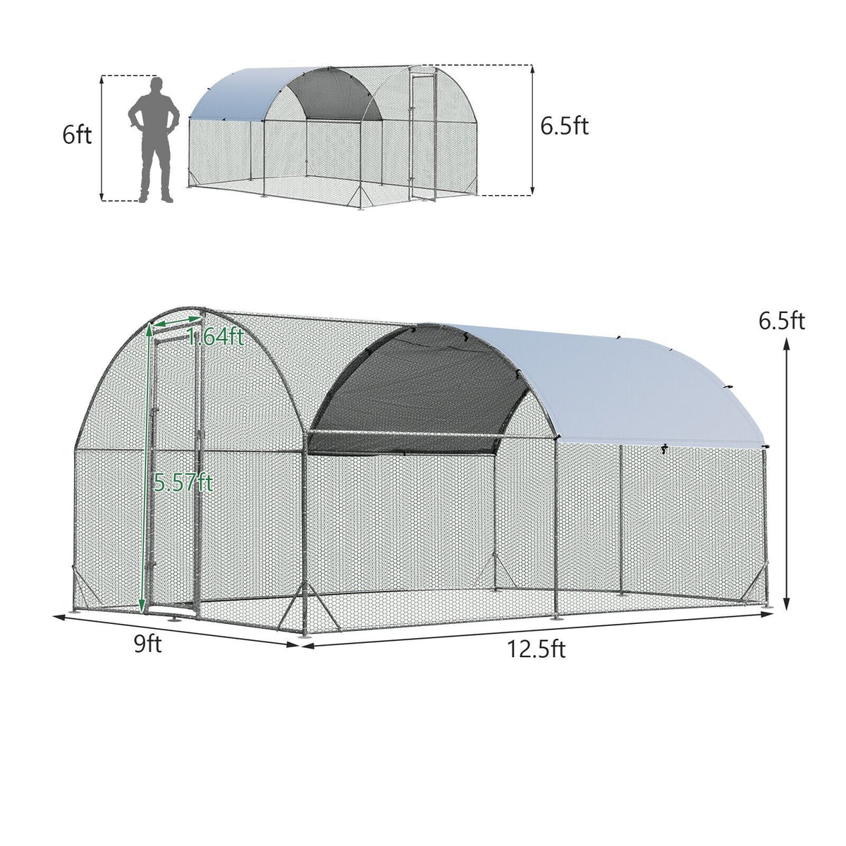 6,2 Fuß/12,5 Fuß/19 Fuß Großer Metall-Hühnerstall, Outdoor-Kuppelkäfig aus verzinktem Stahl mit Abdeckung - M