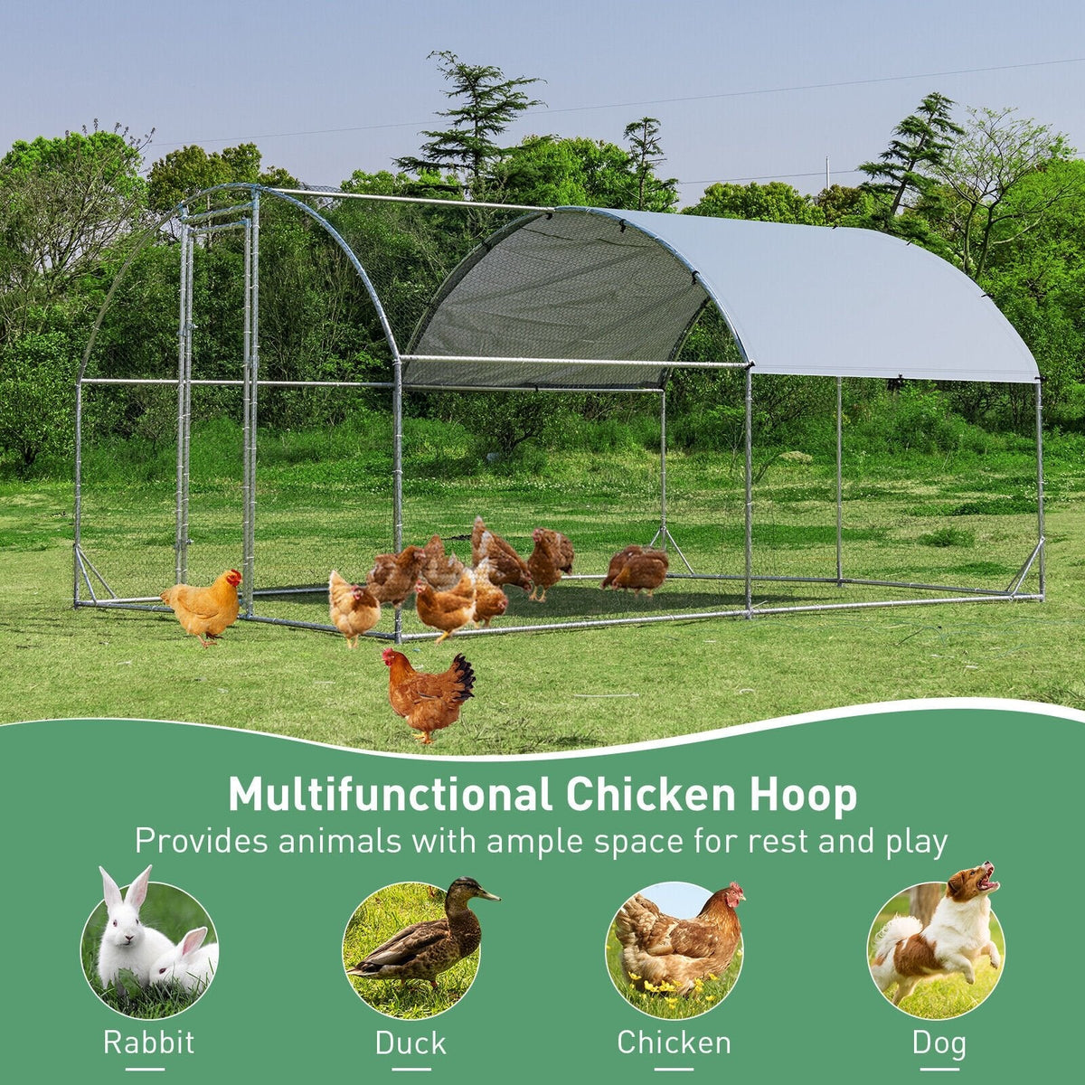 6,2 Fuß/12,5 Fuß/19 Fuß Großer Metall-Hühnerstall, Outdoor-Kuppelkäfig aus verzinktem Stahl mit Abdeckung - M