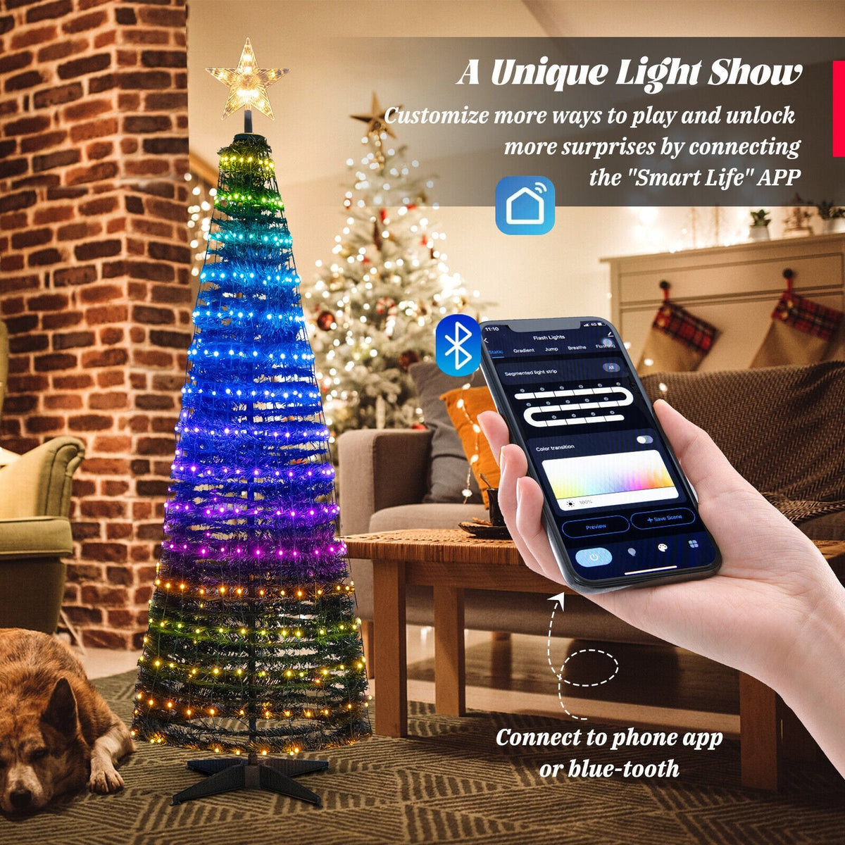 Sapin de Noël lumineux pop-up de 6,2 pi avec 282 DEL RVB, étoile au sommet et piquets de sol
