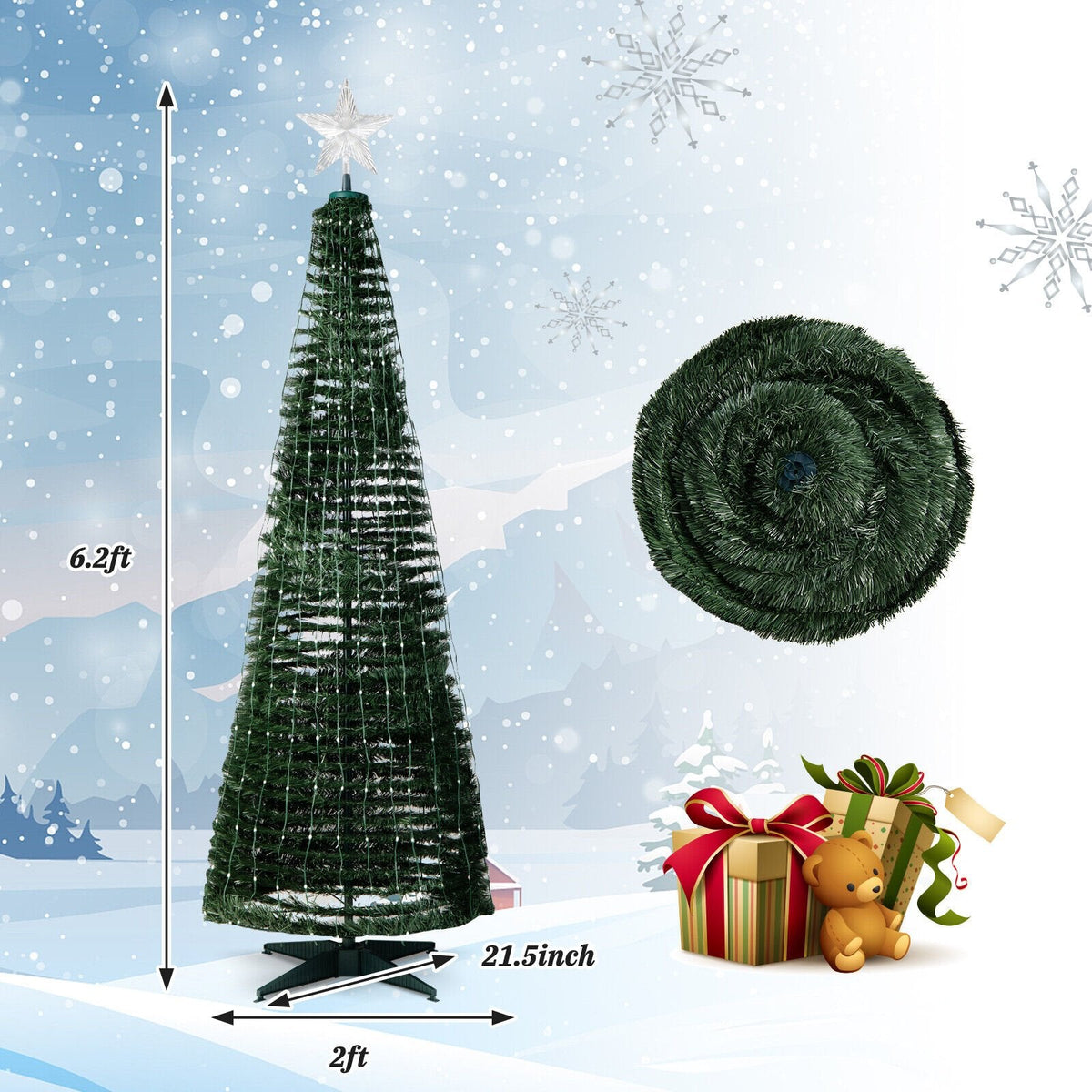 Sapin de Noël lumineux pop-up de 6,2 pi avec 282 DEL RVB, étoile au sommet et piquets de sol