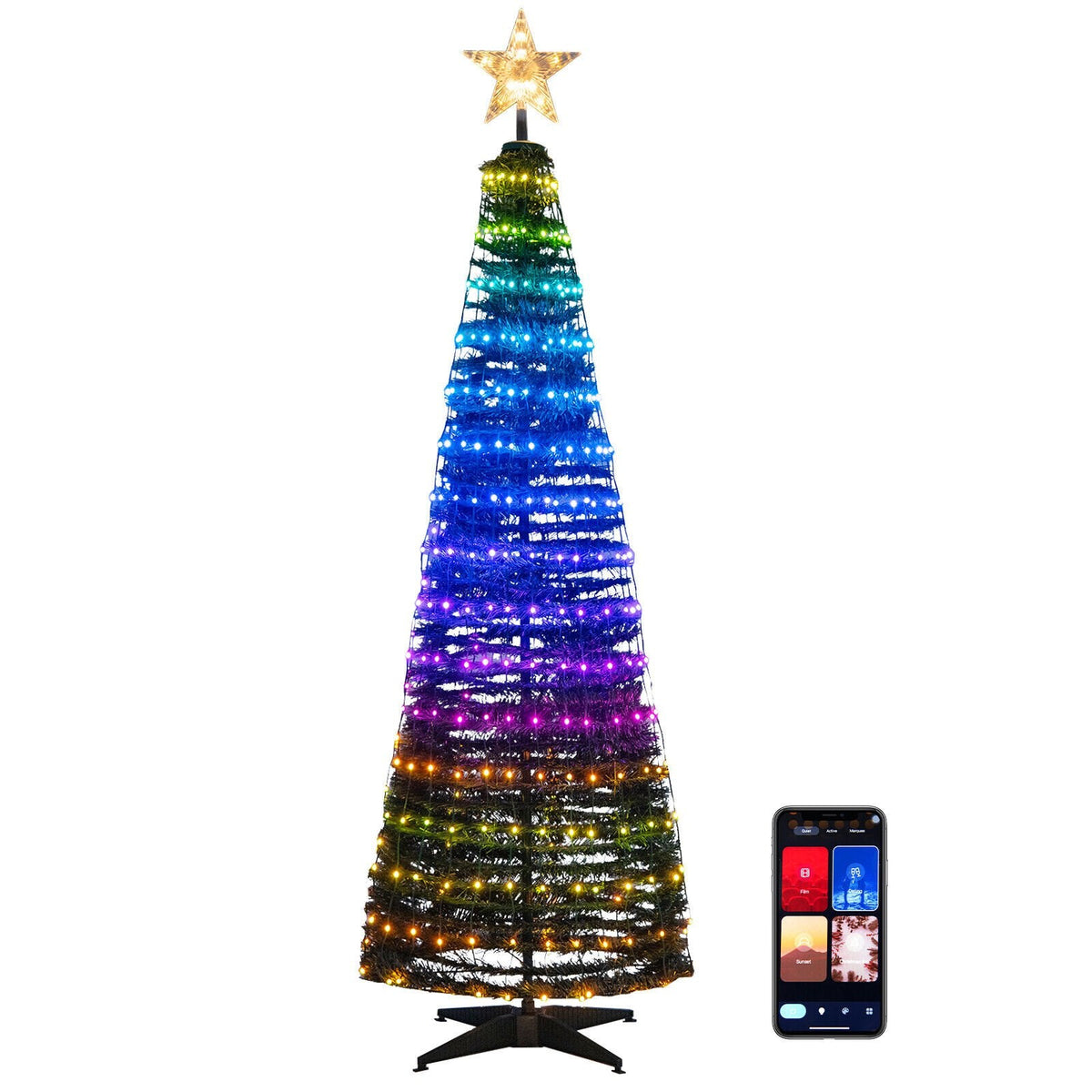 Sapin de Noël lumineux pop-up de 6,2 pi avec 282 DEL RVB, étoile au sommet et piquets de sol