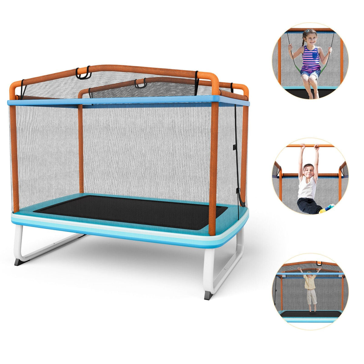 Cama elástica rectangular de 6 pies con barra horizontal de columpio y red de seguridad - Naranja