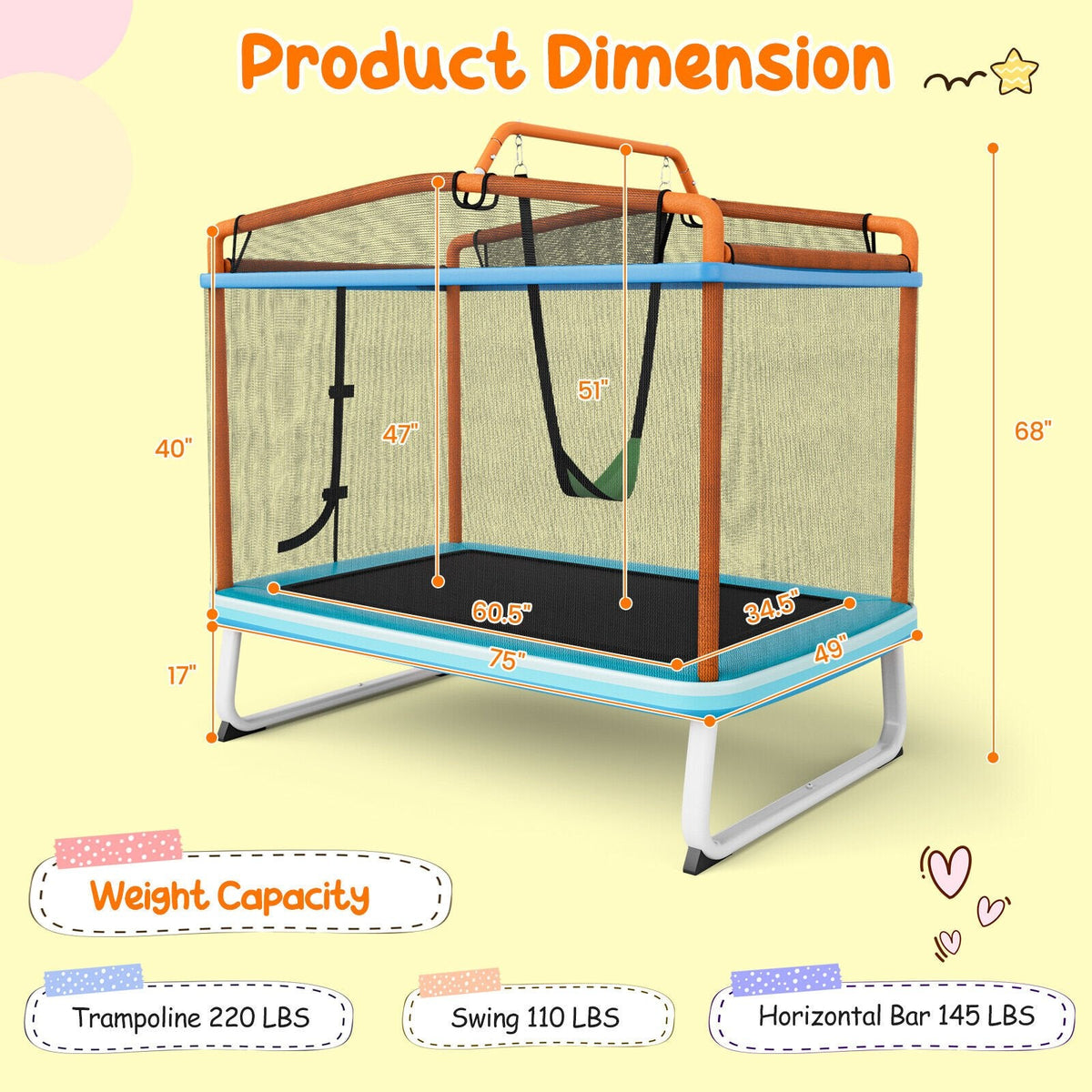 Cama elástica rectangular de 6 pies con barra horizontal de columpio y red de seguridad - Naranja