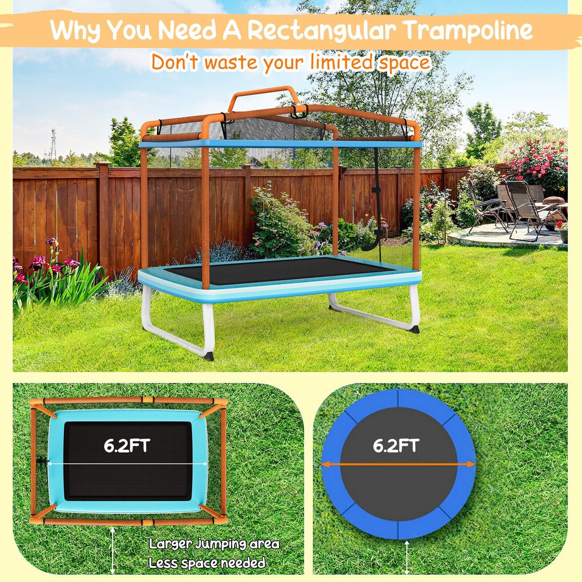 Cama elástica rectangular de 6 pies con barra horizontal de columpio y red de seguridad - Naranja