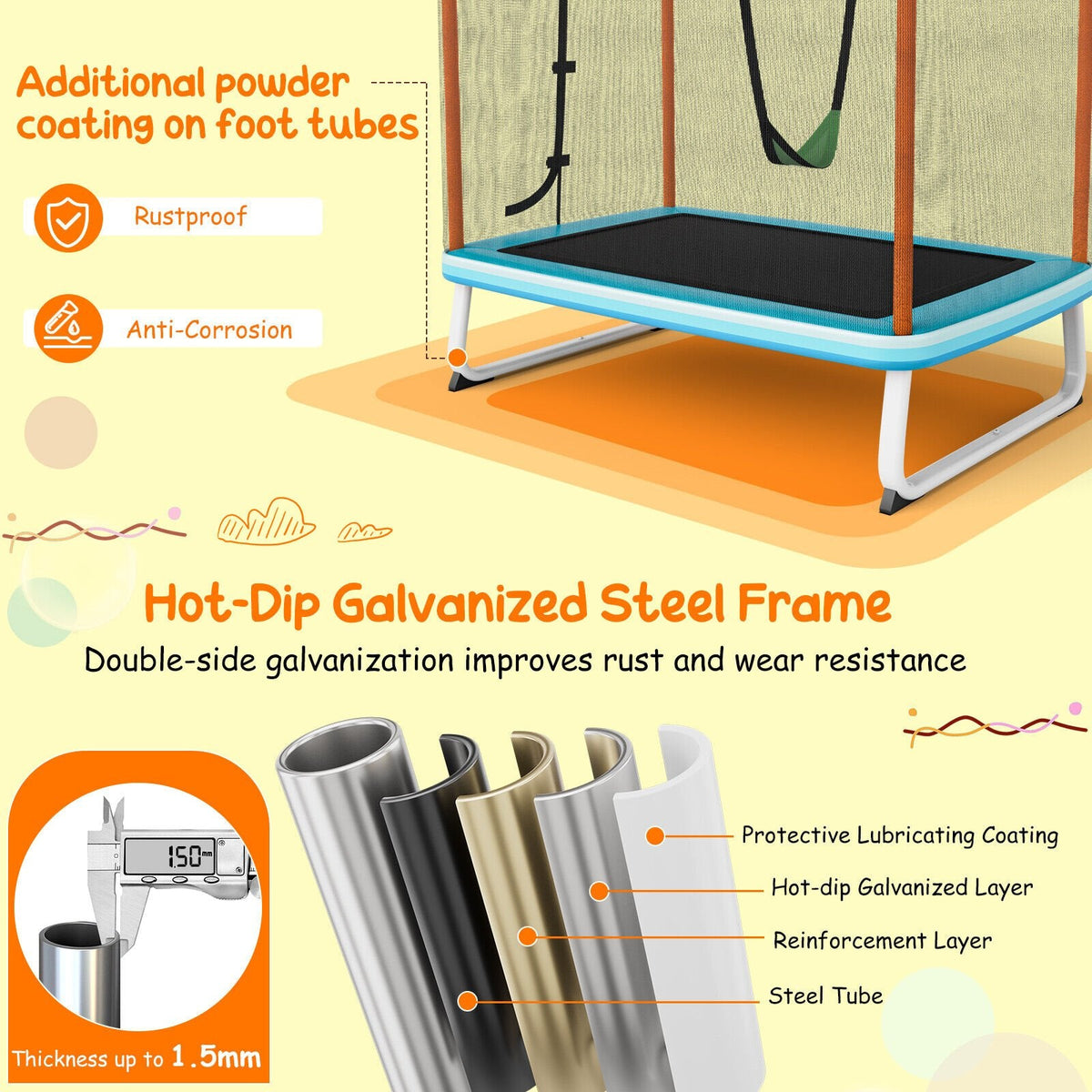 Cama elástica rectangular de 6 pies con barra horizontal de columpio y red de seguridad - Naranja