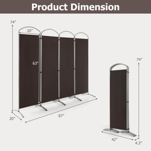 Séparateur de pièce pliable à 4 panneaux de 1,88 m pour bureau à domicile ou salon – marron