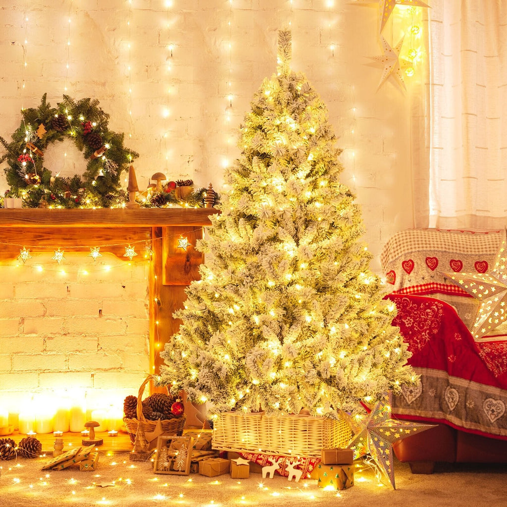 Árbol de Navidad nevado de 6 pies con estructura de montaje rápido de 3 minutos, 644 puntas y 300 luces LED blanco cálido