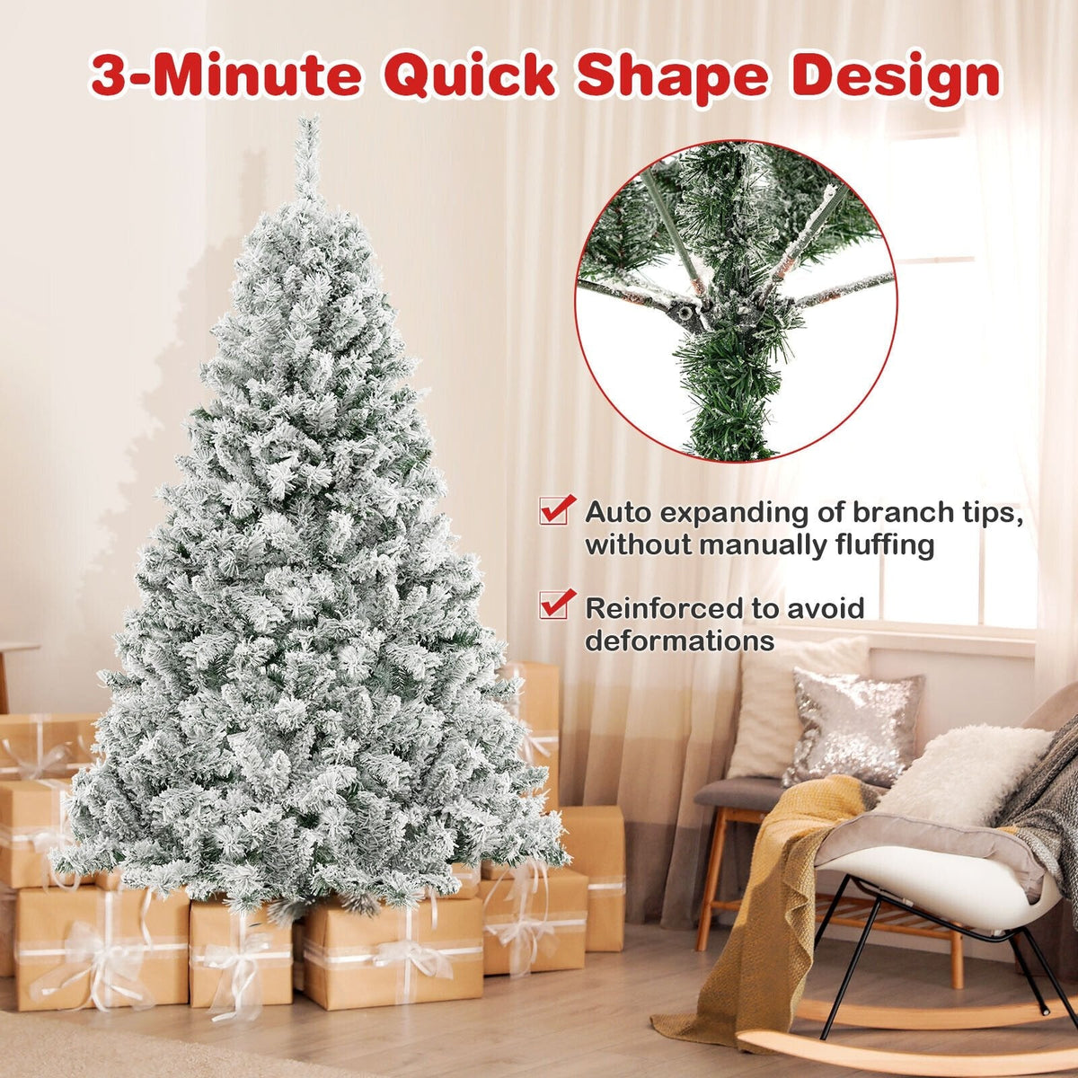 Árbol de Navidad nevado de 6 pies con estructura de montaje rápido de 3 minutos, 644 puntas y 300 luces LED blanco cálido