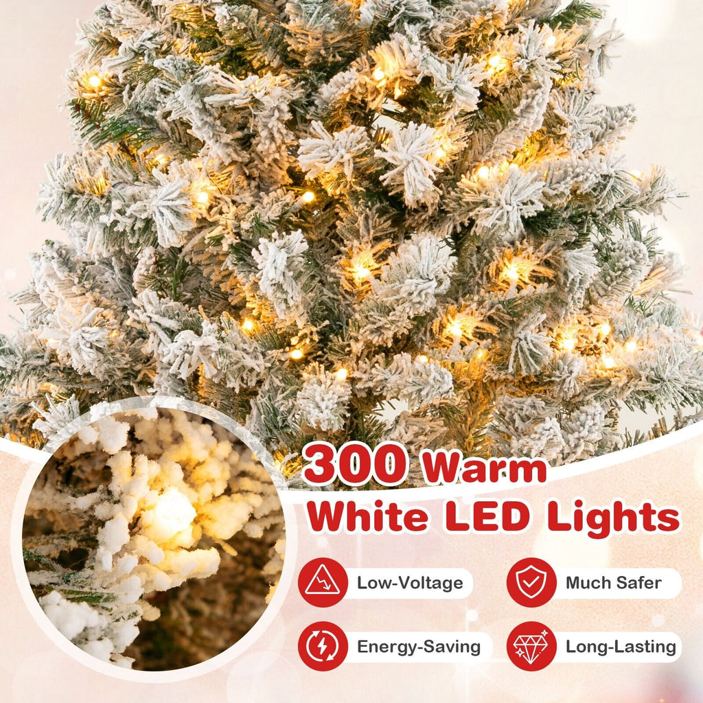 Árbol de Navidad nevado de 6 pies con estructura de montaje rápido de 3 minutos, 644 puntas y 300 luces LED blanco cálido