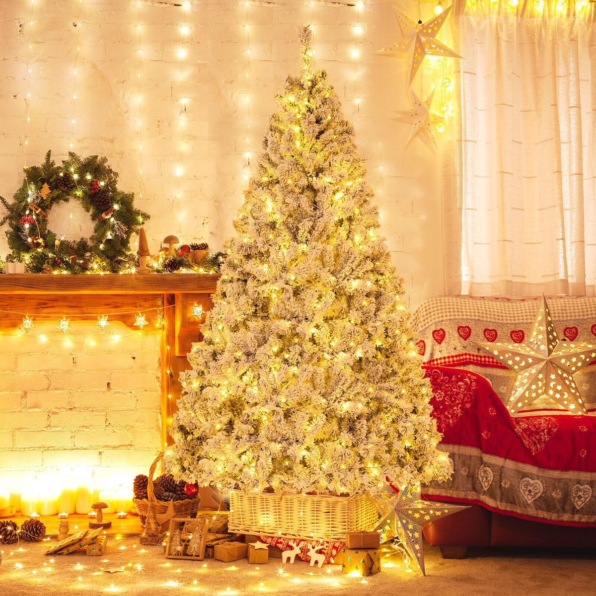 Sapin de Noël enneigé de 7 pi avec structure à mise en forme rapide en 3 minutes, 956 branches et 450 DEL blanc chaud