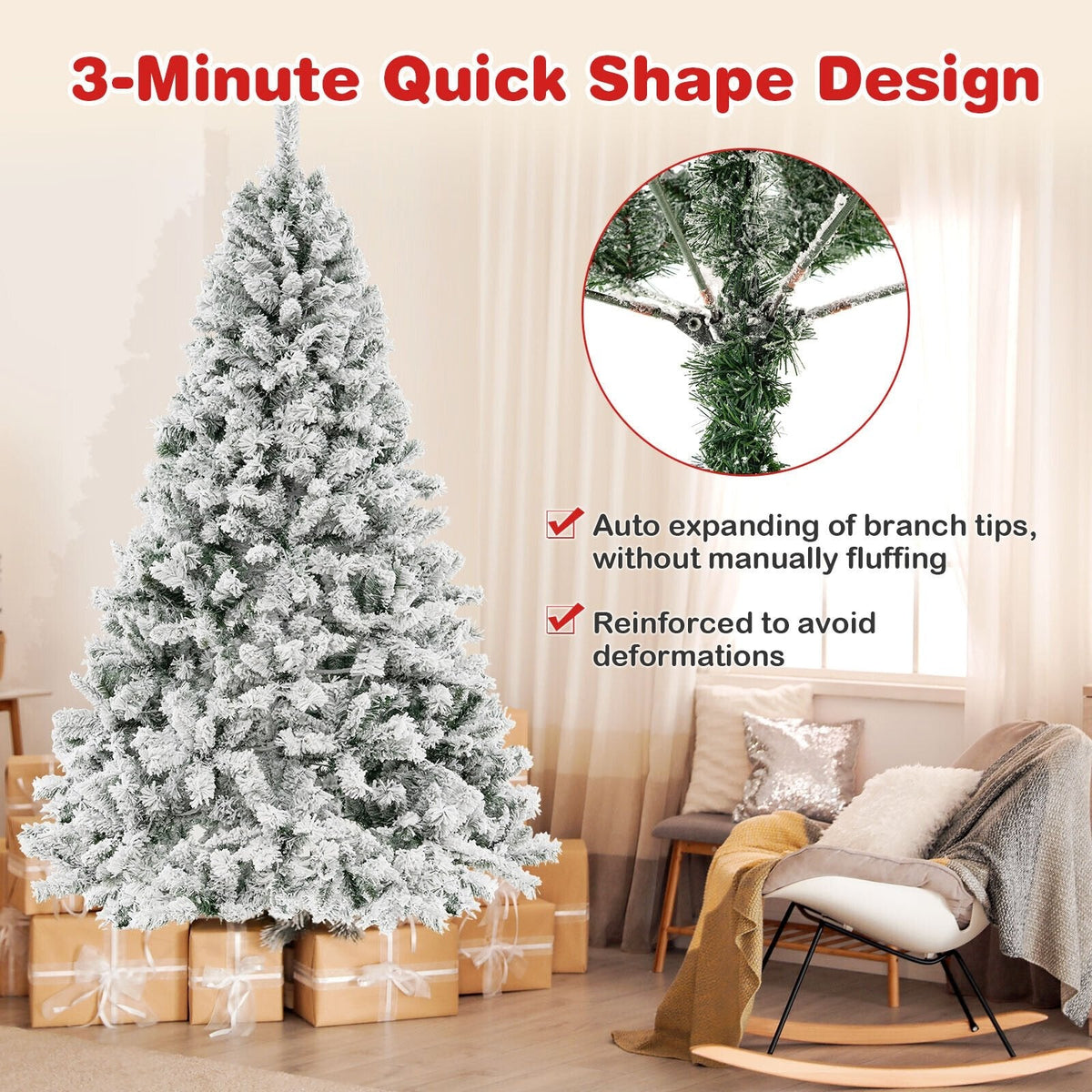 Sapin de Noël enneigé de 7 pi avec structure à mise en forme rapide en 3 minutes, 956 branches et 450 DEL blanc chaud
