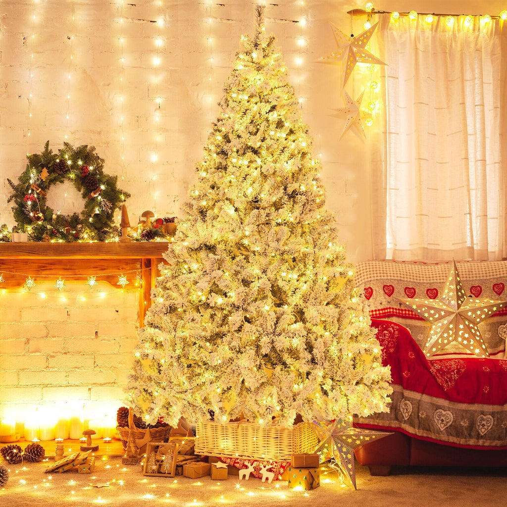 Árbol de Navidad nevado de 8 pies con estructura de armado rápido de 3 minutos, 1370 puntas y 600 luces LED de color blanco cálido