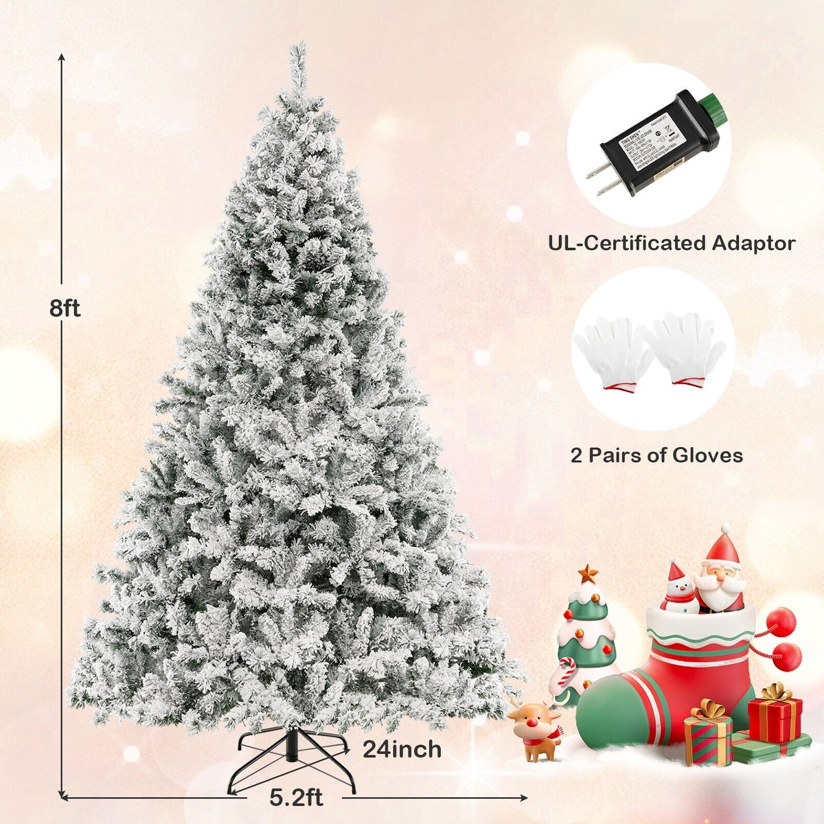 Árbol de Navidad nevado de 8 pies con estructura de armado rápido de 3 minutos, 1370 puntas y 600 luces LED de color blanco cálido