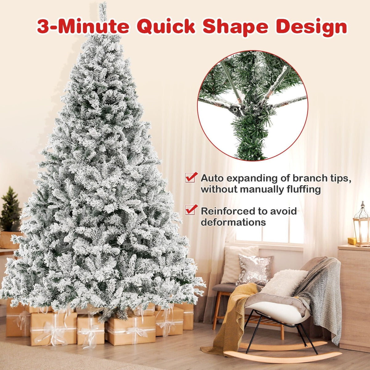 Árbol de Navidad nevado de 8 pies con estructura de armado rápido de 3 minutos, 1370 puntas y 600 luces LED de color blanco cálido