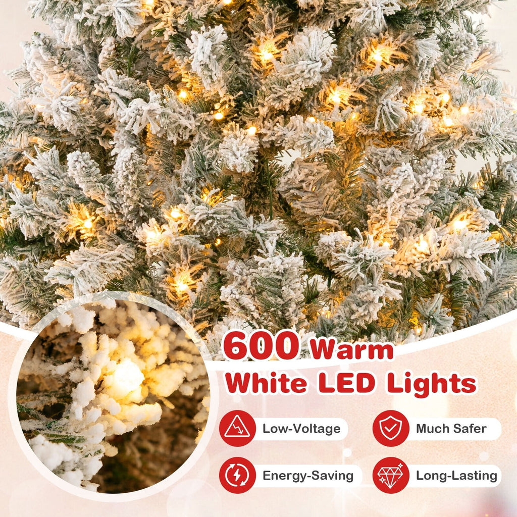Árbol de Navidad nevado de 8 pies con estructura de armado rápido de 3 minutos, 1370 puntas y 600 luces LED de color blanco cálido