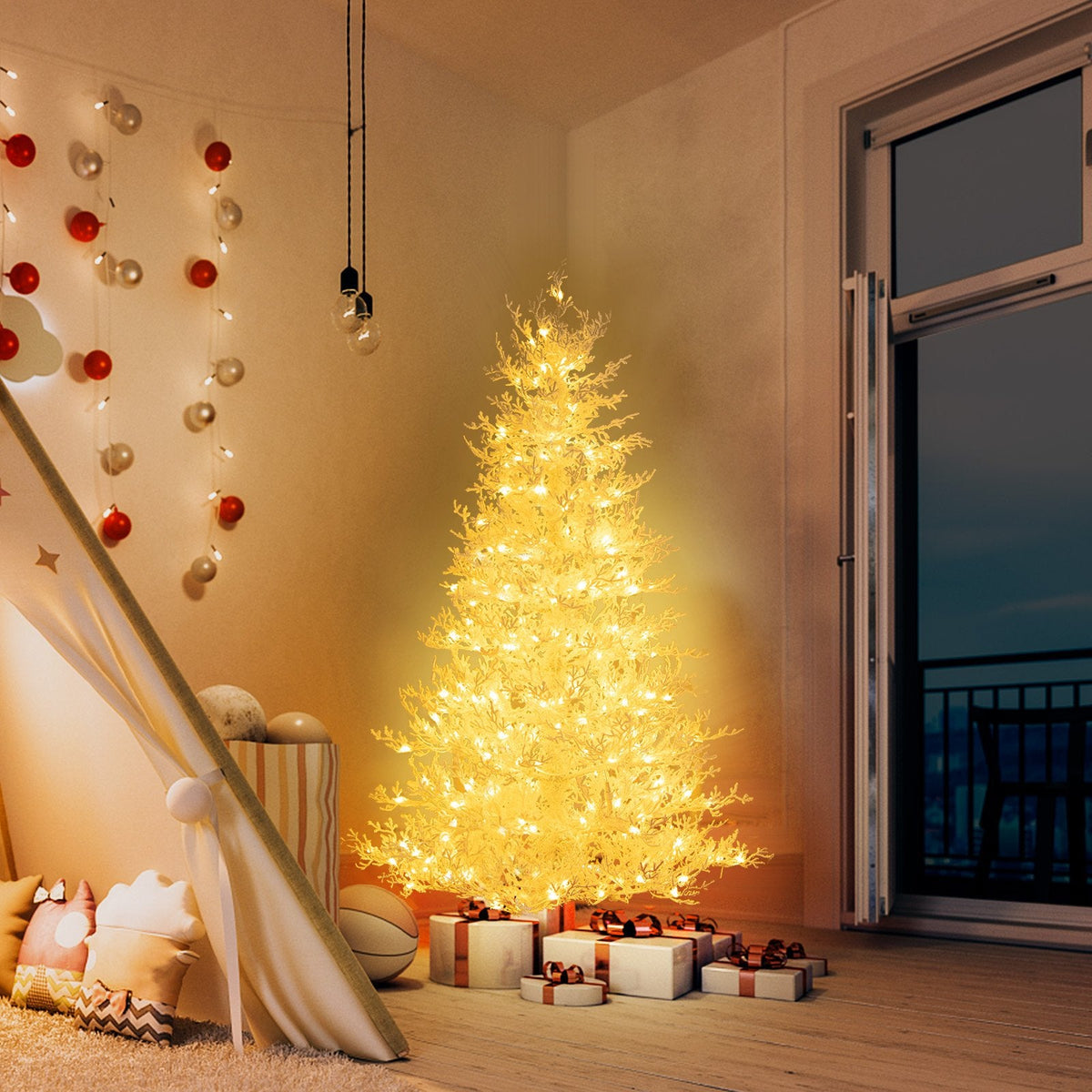 180 cm weißer, beflockter Weihnachtsbaum mit 383 weichen PE-Spitzen, 300 zweifarbigen LEDs und Timer