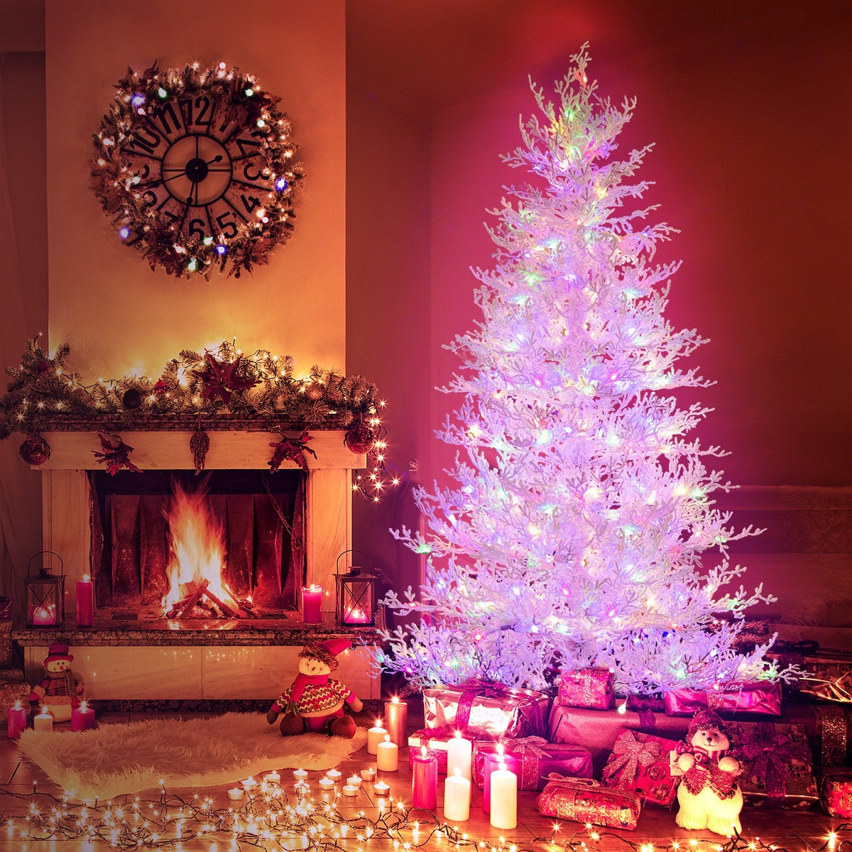 180 cm weißer, beflockter Weihnachtsbaum mit 383 weichen PE-Spitzen, 300 zweifarbigen LEDs und Timer