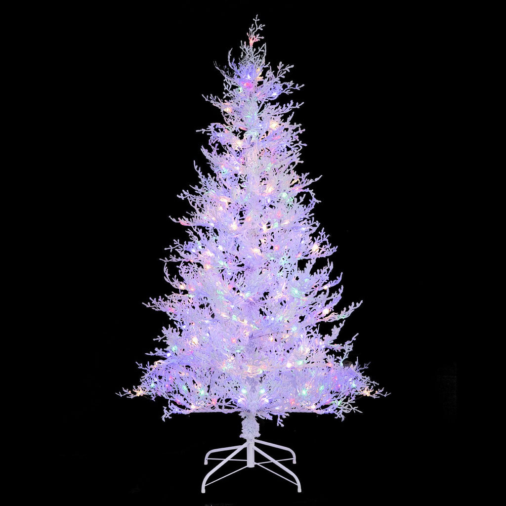 180 cm weißer, beflockter Weihnachtsbaum mit 383 weichen PE-Spitzen, 300 zweifarbigen LEDs und Timer