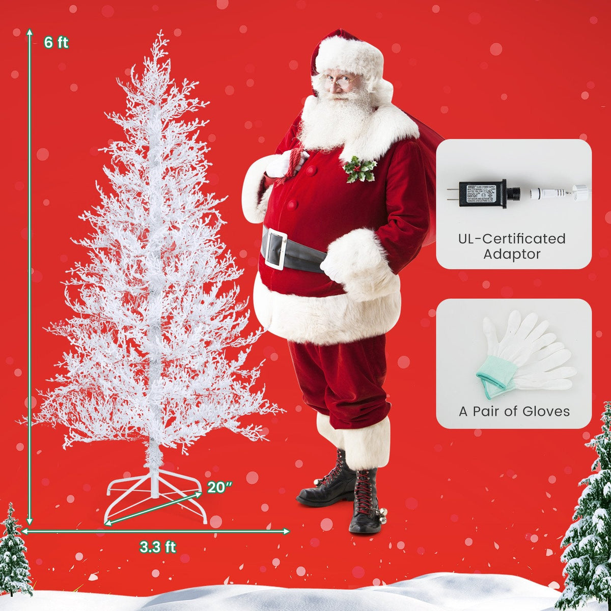 180 cm weißer, beflockter Weihnachtsbaum mit 383 weichen PE-Spitzen, 300 zweifarbigen LEDs und Timer