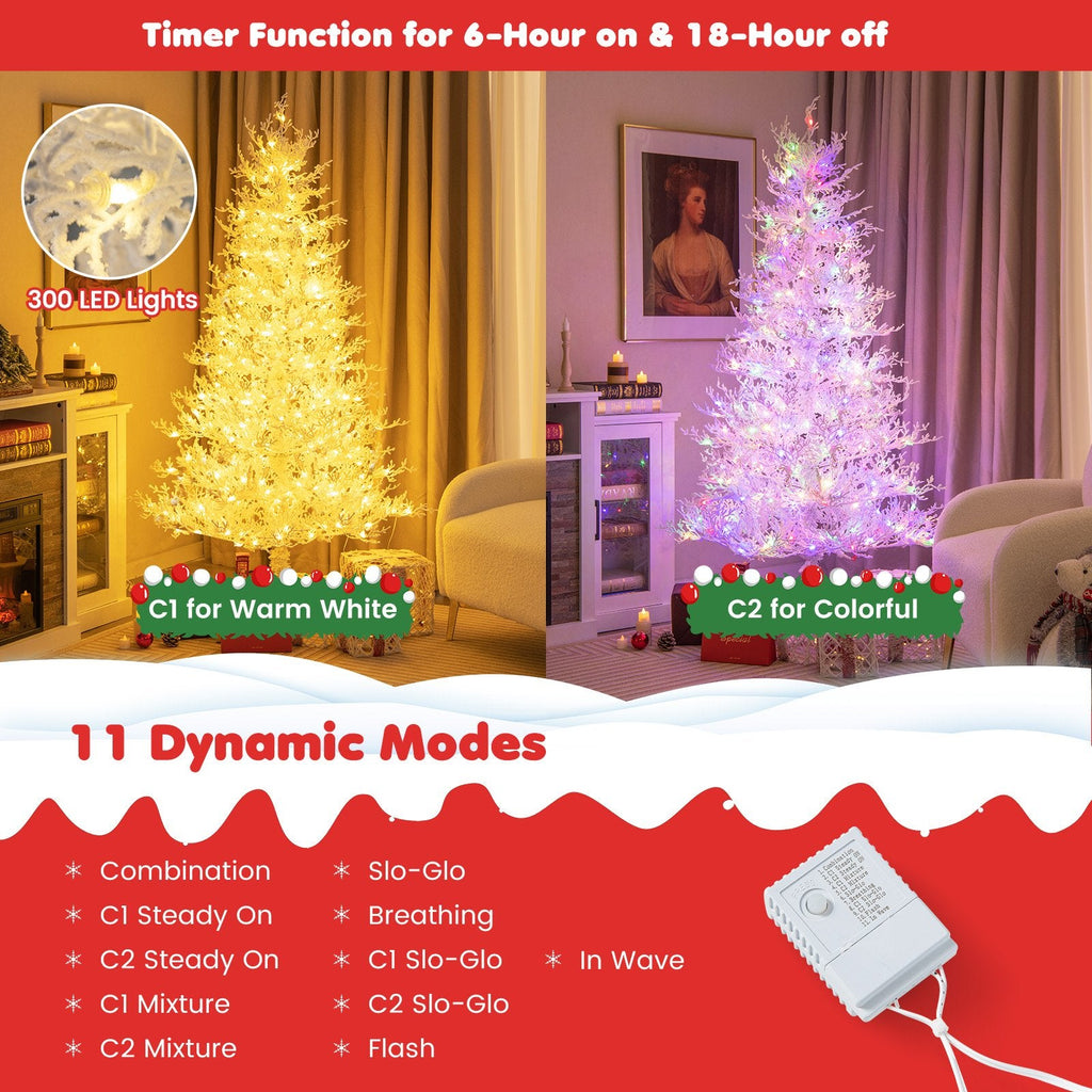 180 cm weißer, beflockter Weihnachtsbaum mit 383 weichen PE-Spitzen, 300 zweifarbigen LEDs und Timer