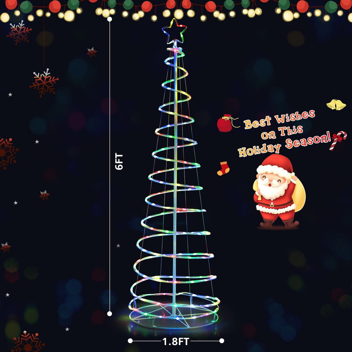 Sapin de Noël lumineux en spirale de 1,83 m avec 135 LED, étoile au sommet, commande par application et piquets de sol