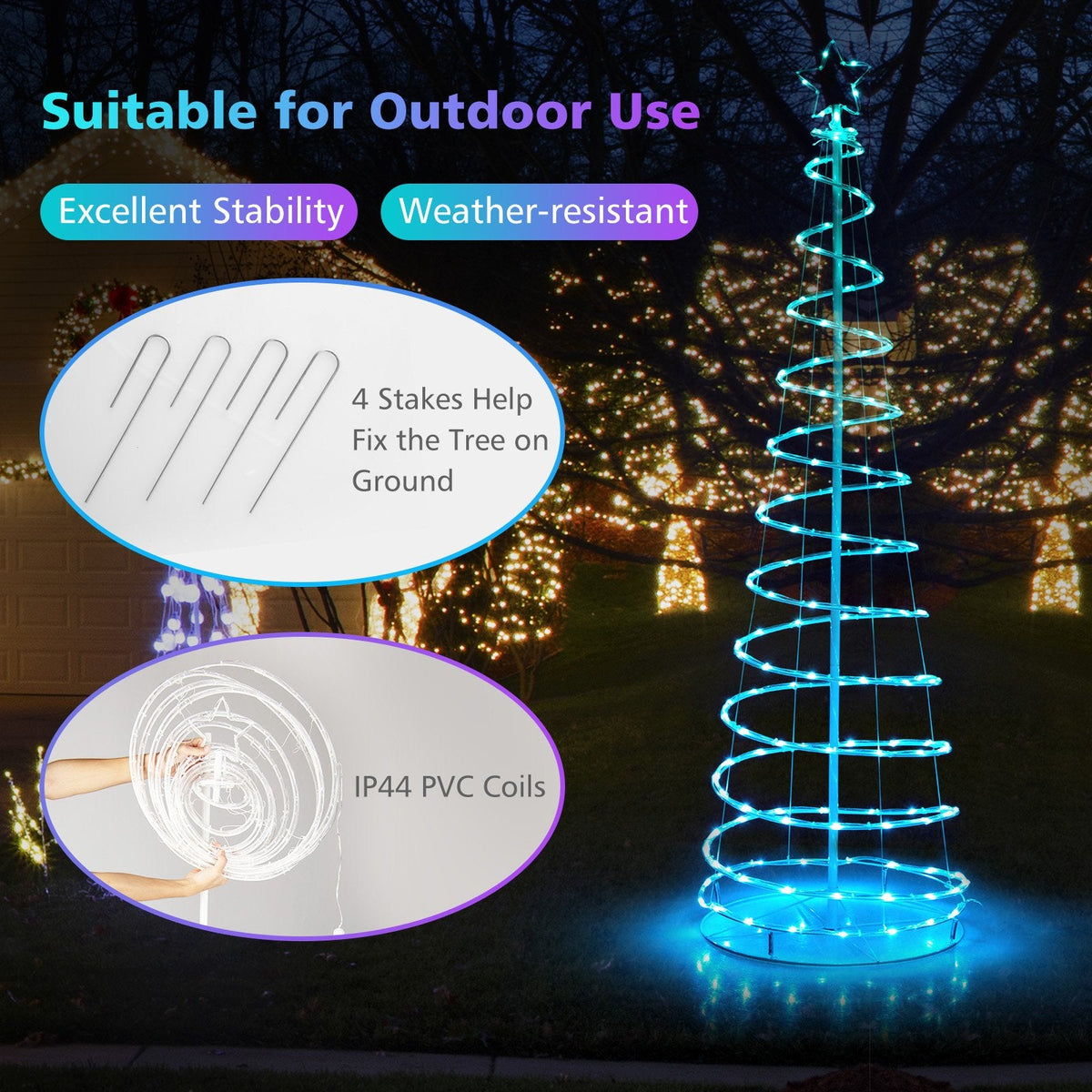 Sapin de Noël lumineux en spirale de 1,83 m avec 135 LED, étoile au sommet, commande par application et piquets de sol