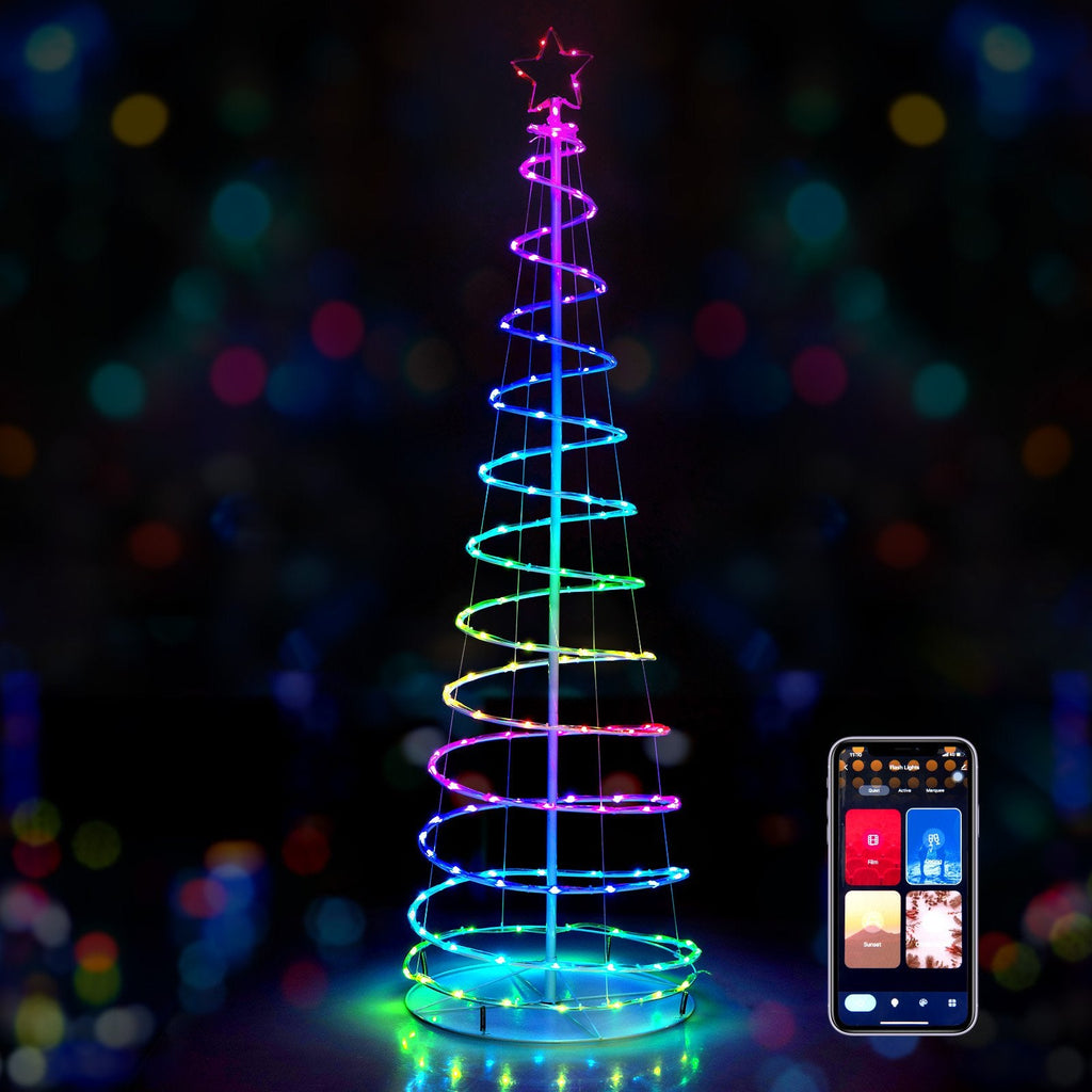 Sapin de Noël lumineux en spirale de 1,83 m avec 135 LED, étoile au sommet, commande par application et piquets de sol