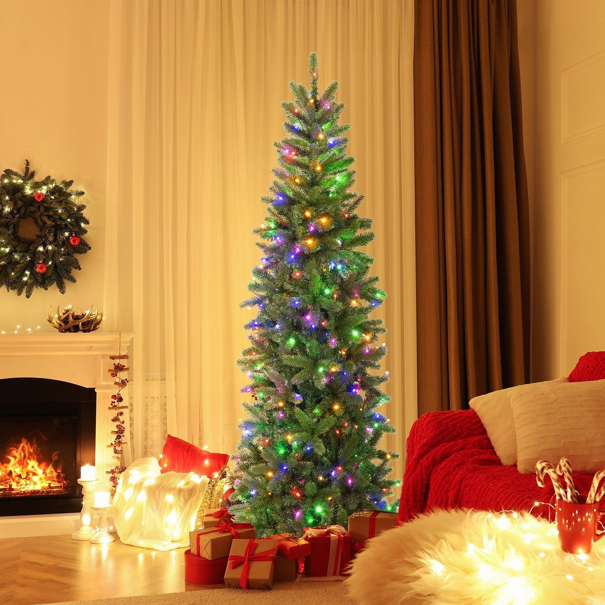 6 FT Pre-Lit Slim Christmas Tree with 648 PVC and PE Tips, 270 Colour LEDs and Foot Pedal Switch