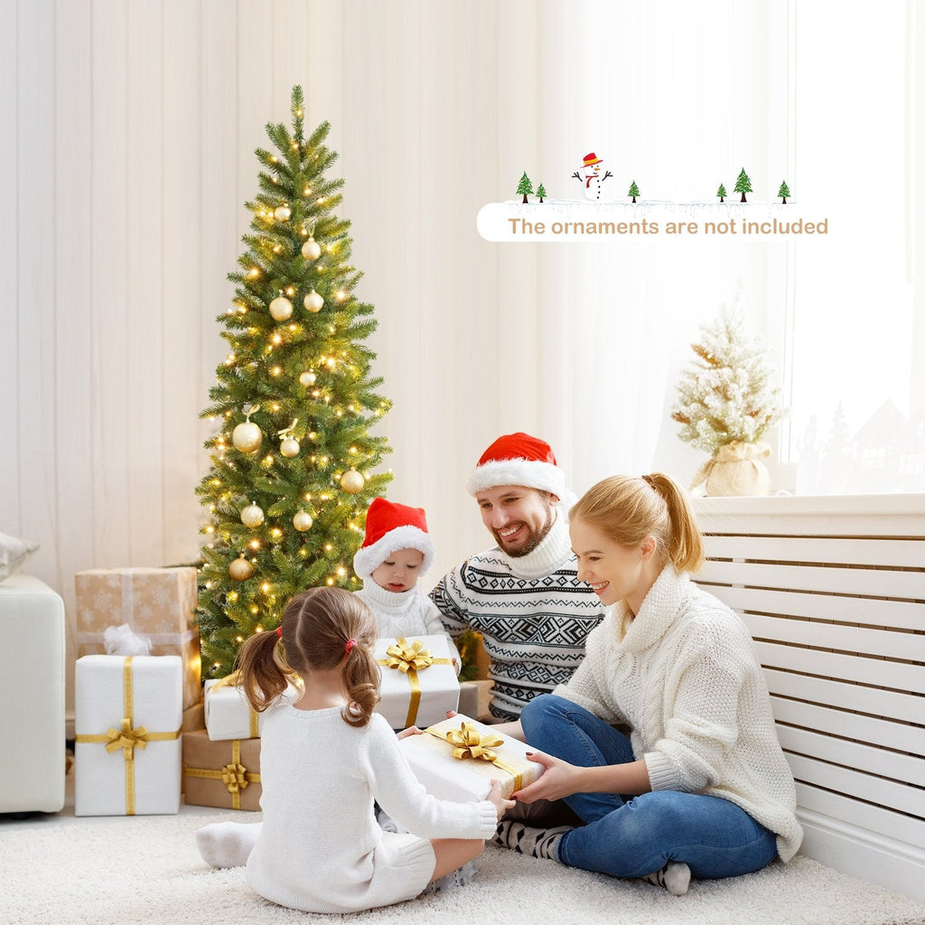 6 FT Pre-Lit Slim Christmas Tree with 648 PVC and PE Tips, 270 Colour LEDs and Foot Pedal Switch