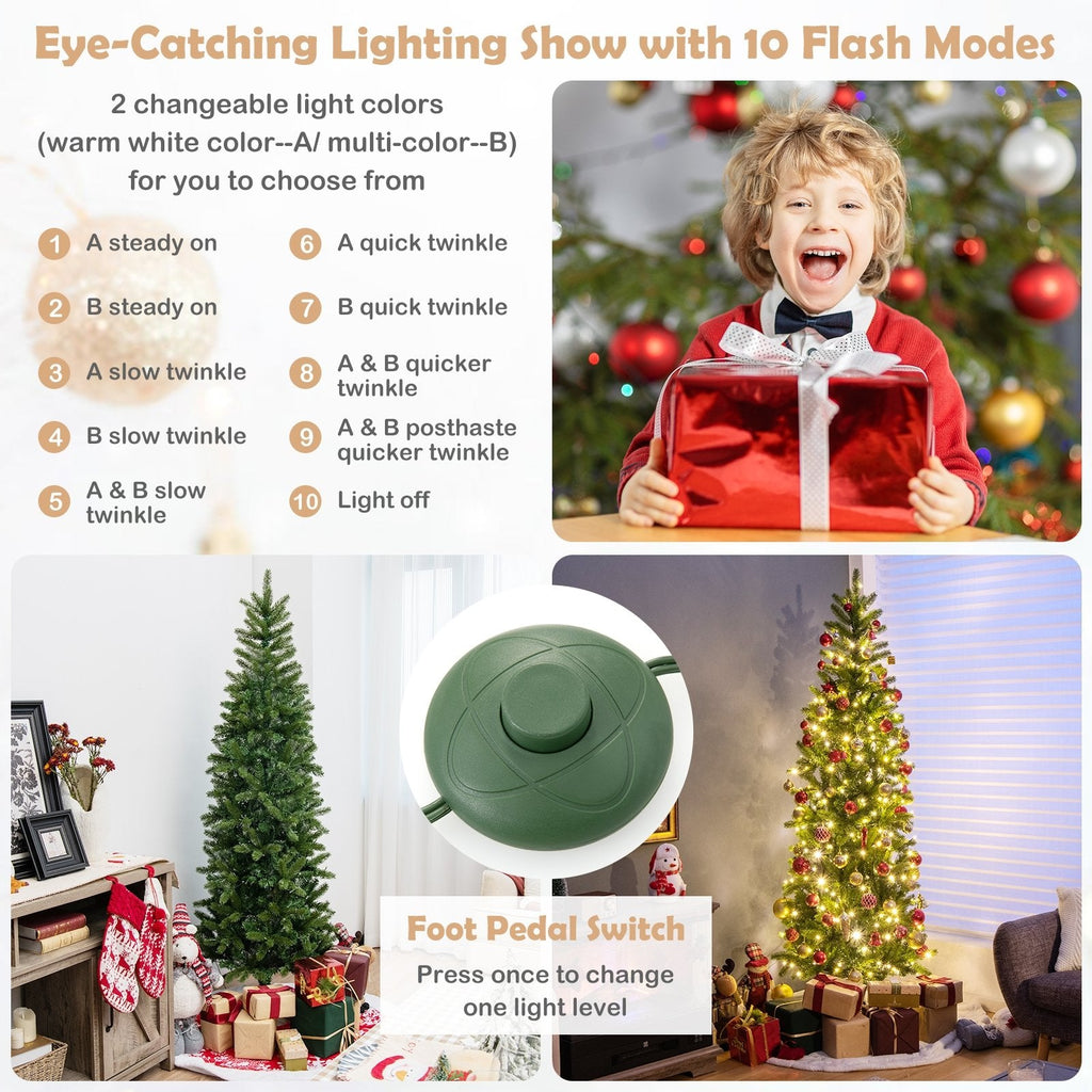 6 FT Pre-Lit Slim Christmas Tree with 648 PVC and PE Tips, 270 Colour LEDs and Foot Pedal Switch