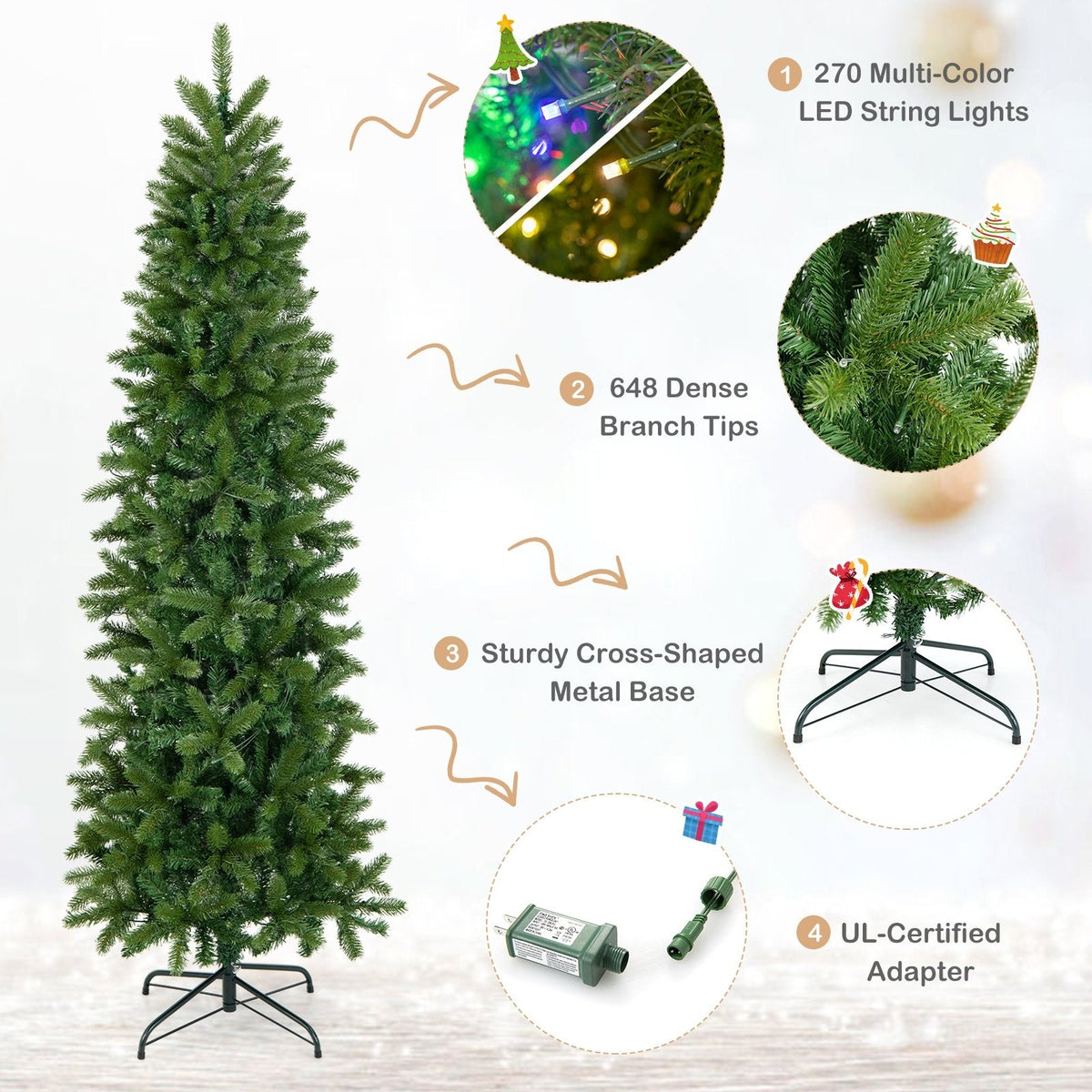6 FT Pre-Lit Slim Christmas Tree with 648 PVC and PE Tips, 270 Colour LEDs and Foot Pedal Switch