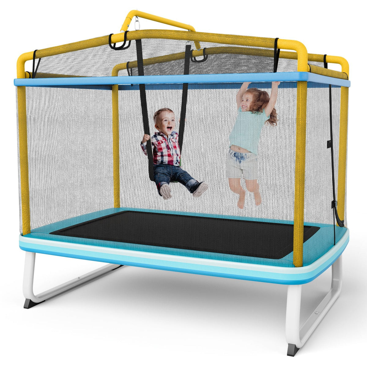 Trampoline rectangulaire de 6 pieds avec balançoire, barre horizontale et filet de sécurité-Jaune