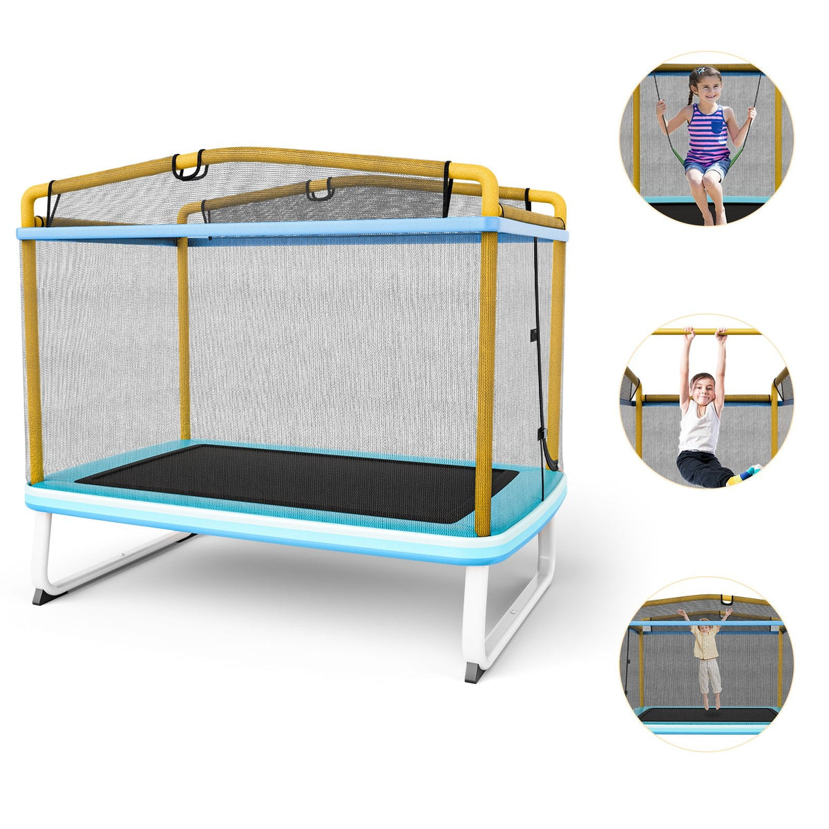 Trampoline rectangulaire de 6 pieds avec balançoire, barre horizontale et filet de sécurité-Jaune