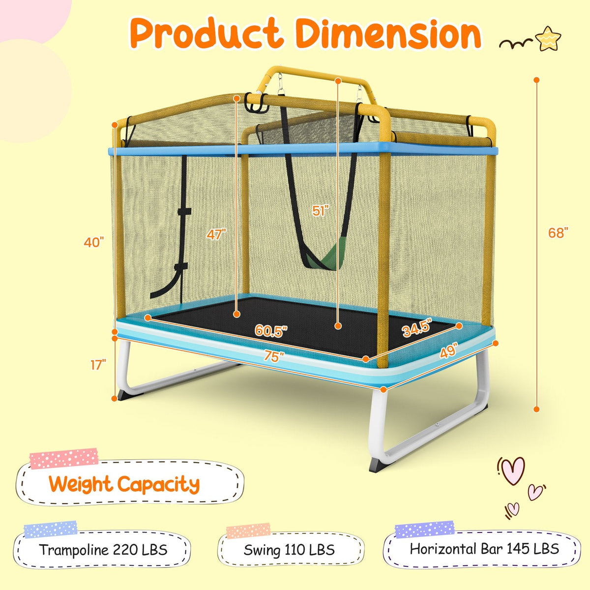 Trampoline rectangulaire de 6 pieds avec balançoire, barre horizontale et filet de sécurité-Jaune