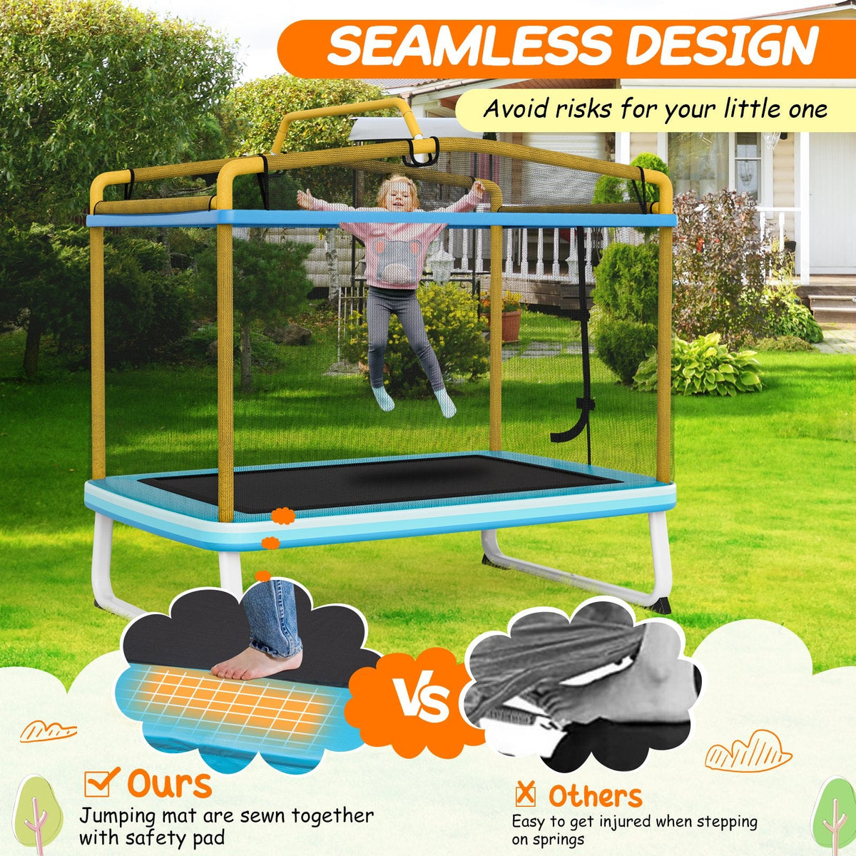Trampoline rectangulaire de 6 pieds avec balançoire, barre horizontale et filet de sécurité-Jaune