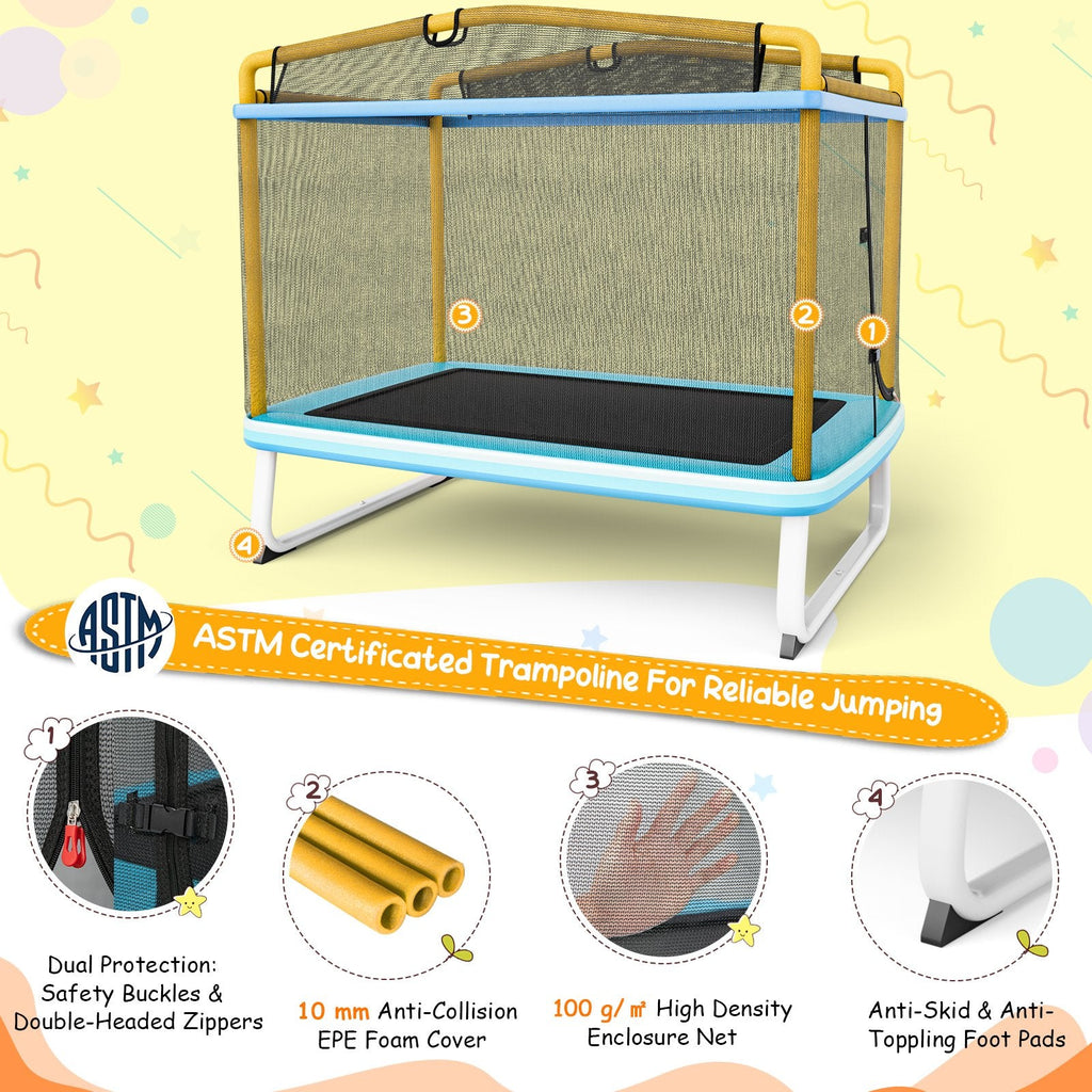 Trampoline rectangulaire de 6 pieds avec balançoire, barre horizontale et filet de sécurité-Jaune
