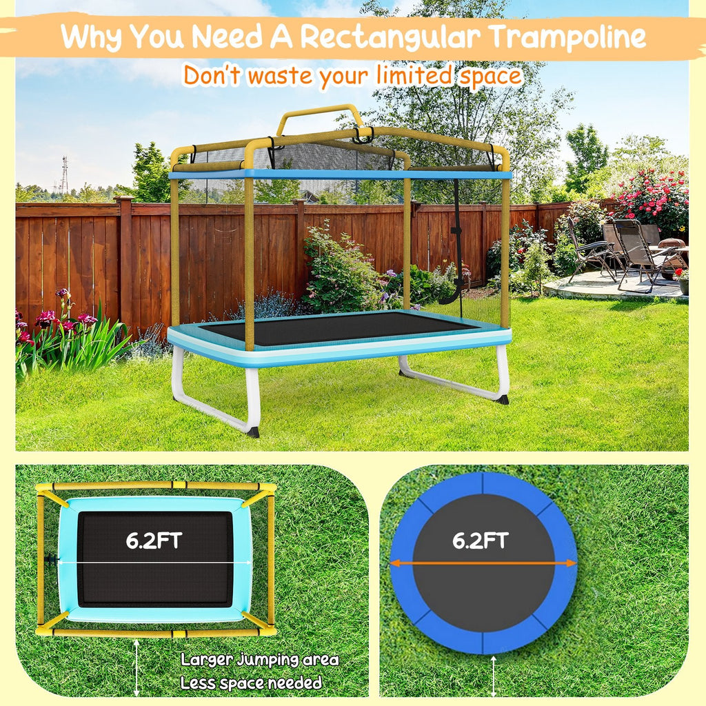 Trampoline rectangulaire de 6 pieds avec balançoire, barre horizontale et filet de sécurité-Jaune
