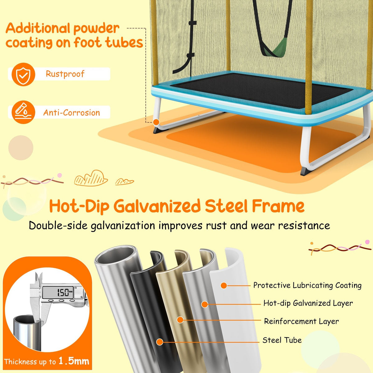 Trampoline rectangulaire de 6 pieds avec balançoire, barre horizontale et filet de sécurité-Jaune