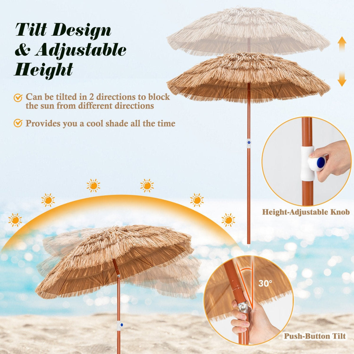 Parasol de terrasse en chaume de 1,80 m avec fonction d'inclinaison et sac de transport