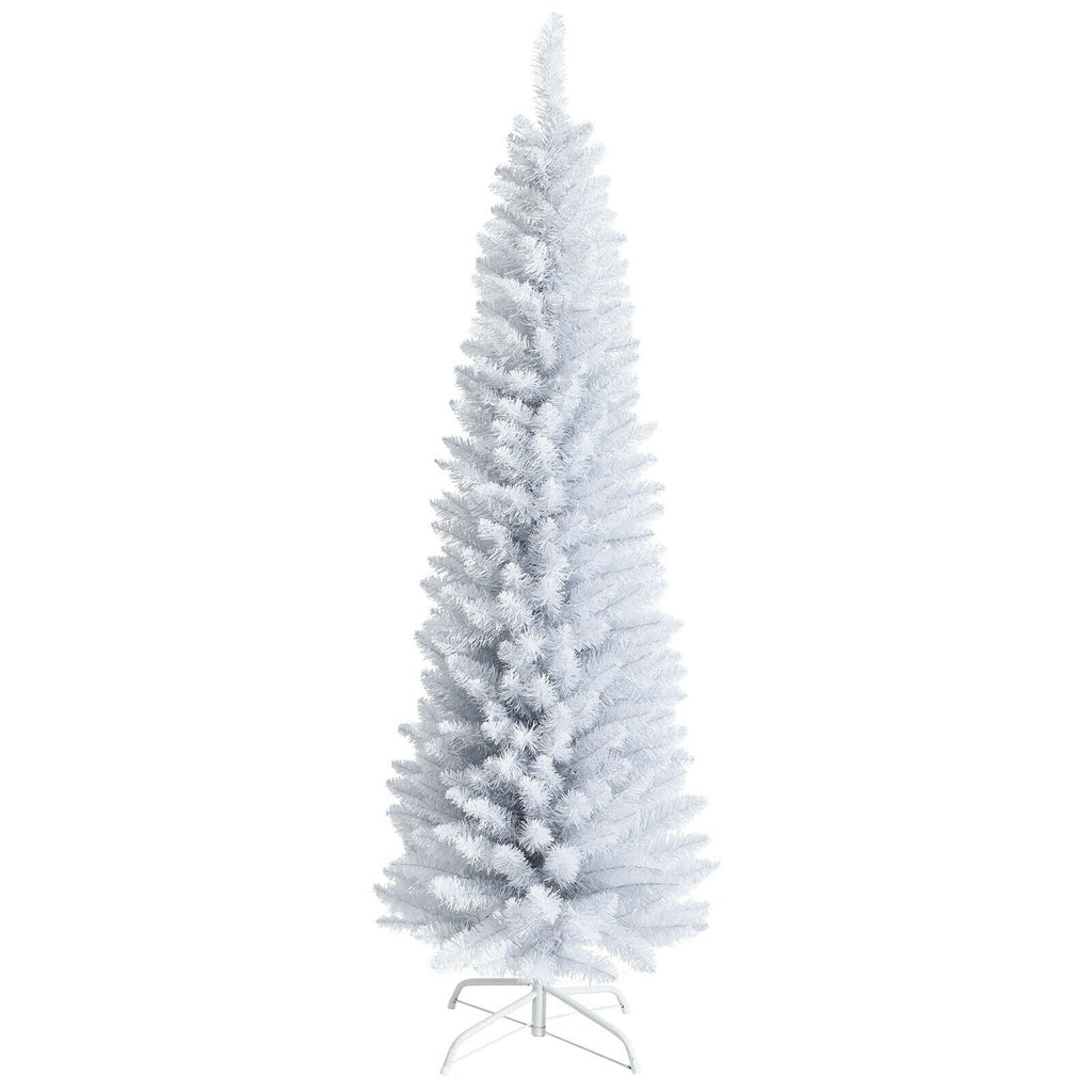 6 FT White Unlit Slim Pencil Christmas Tree with 340 PVC Needles and Metal Stand
