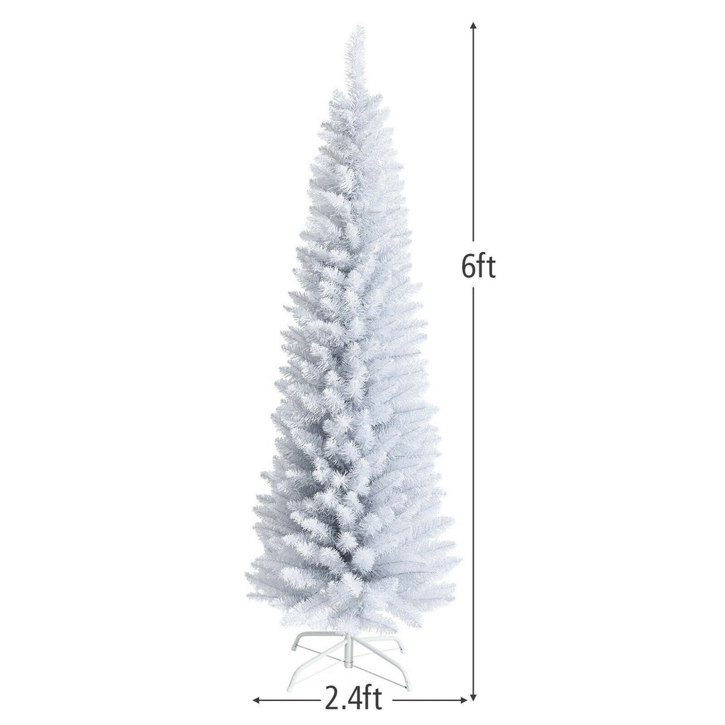 6 FT White Unlit Slim Pencil Christmas Tree with 340 PVC Needles and Metal Stand