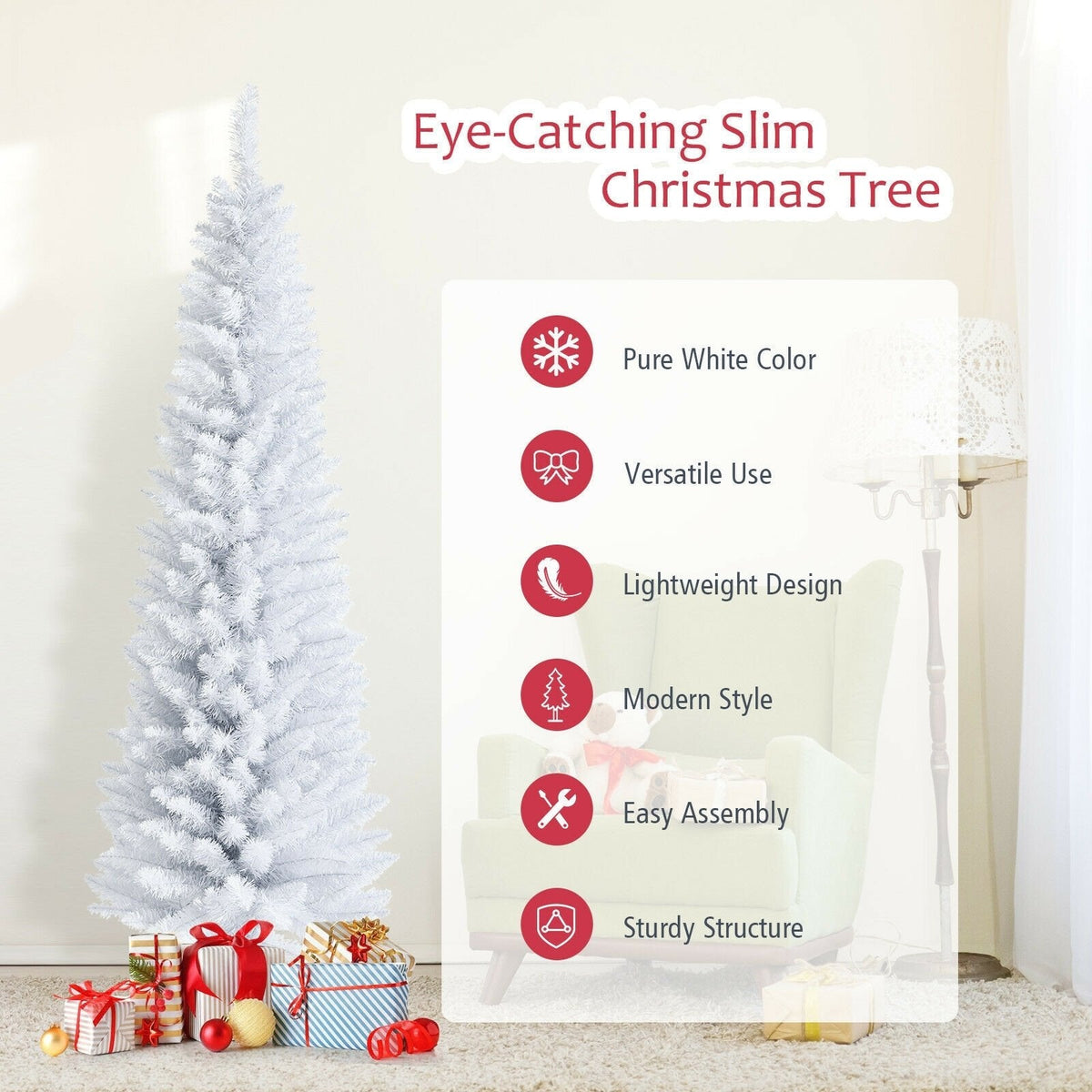 6 FT White Unlit Slim Pencil Christmas Tree with 340 PVC Needles and Metal Stand