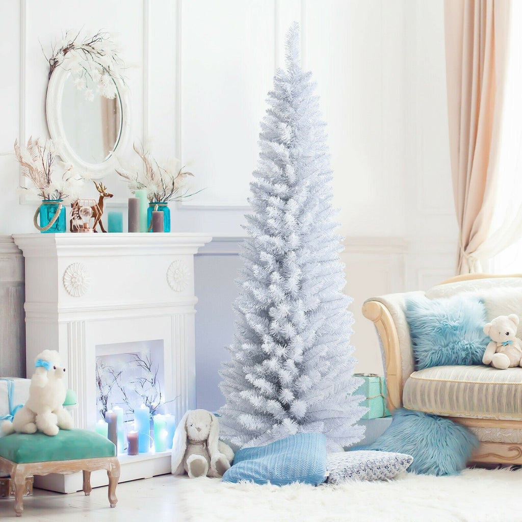 6 FT White Unlit Slim Pencil Christmas Tree with 340 PVC Needles and Metal Stand