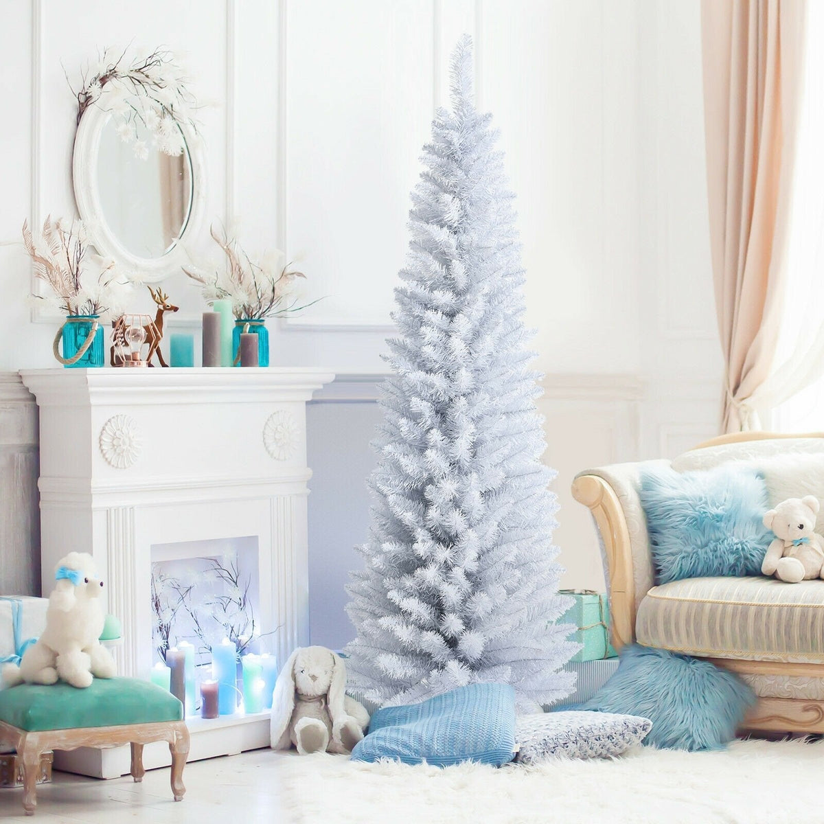 6 FT White Unlit Slim Pencil Christmas Tree with 340 PVC Needles and Metal Stand