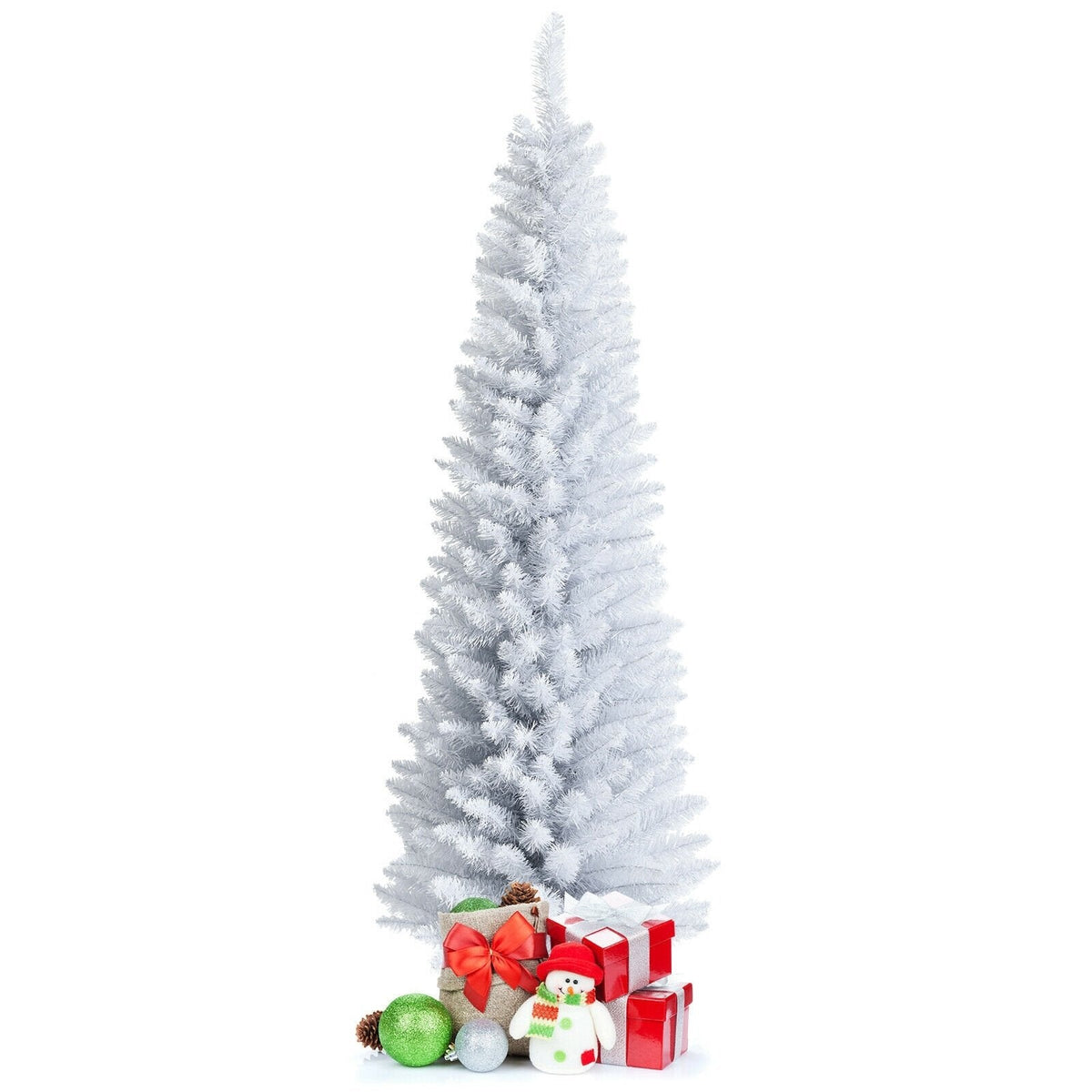 6 FT White Unlit Slim Pencil Christmas Tree with 340 PVC Needles and Metal Stand