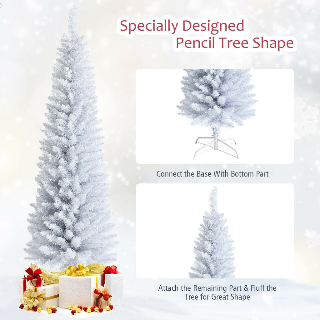 6 FT White Unlit Slim Pencil Christmas Tree with 340 PVC Needles and Metal Stand