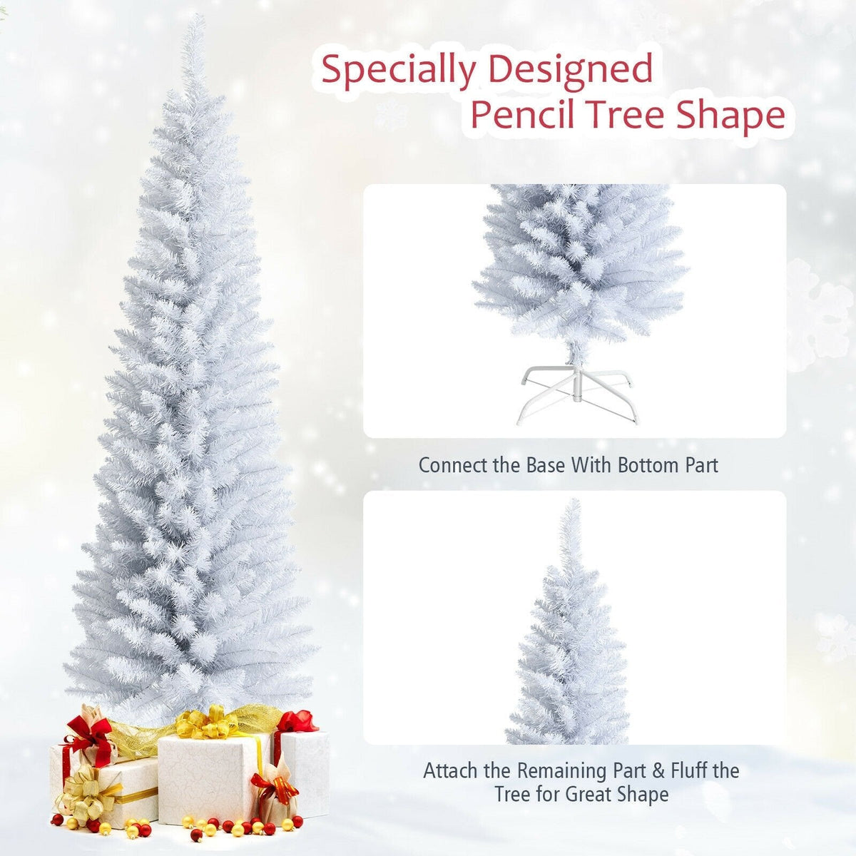6 FT White Unlit Slim Pencil Christmas Tree with 340 PVC Needles and Metal Stand