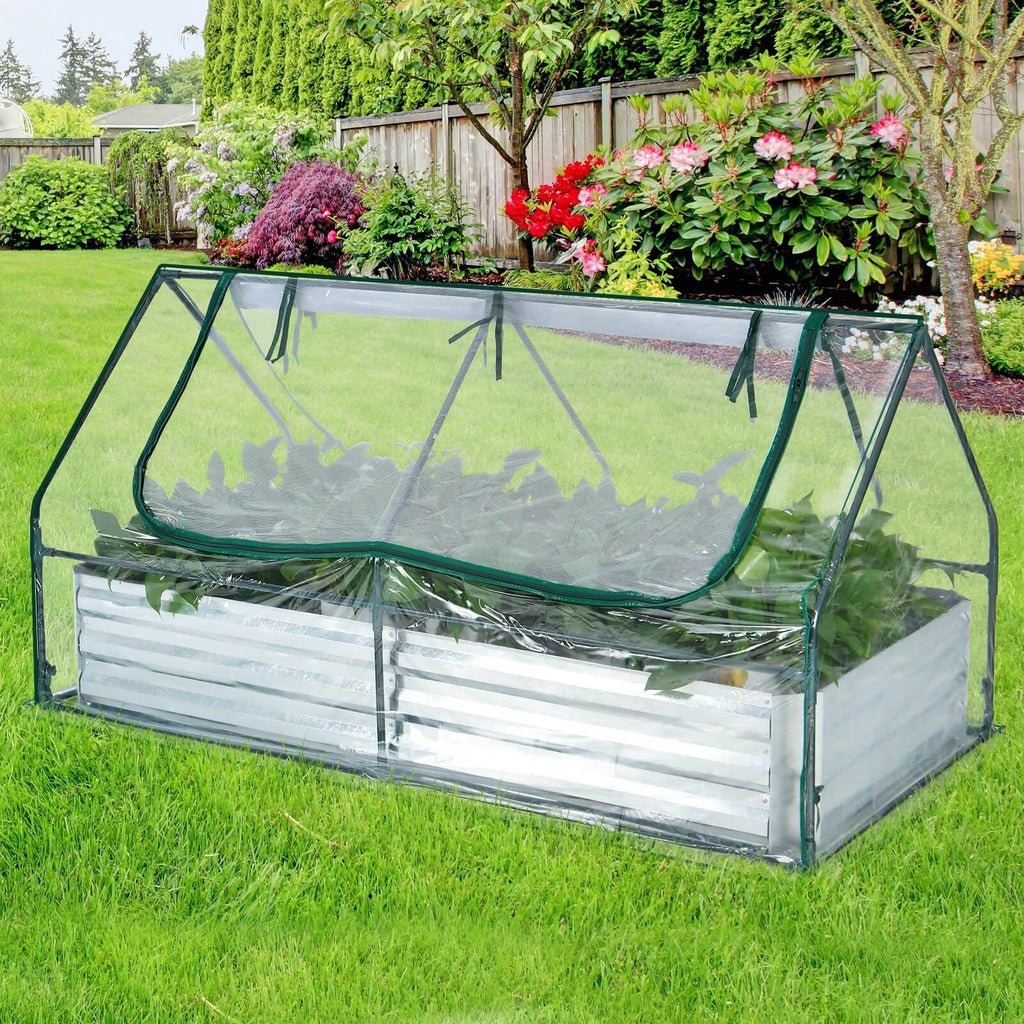 Jardinera elevada galvanizada de 6 x 3 x 3 pies con invernadero, color plateado