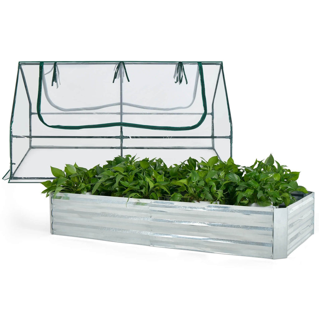Jardinera elevada galvanizada de 6 x 3 x 3 pies con invernadero, color plateado