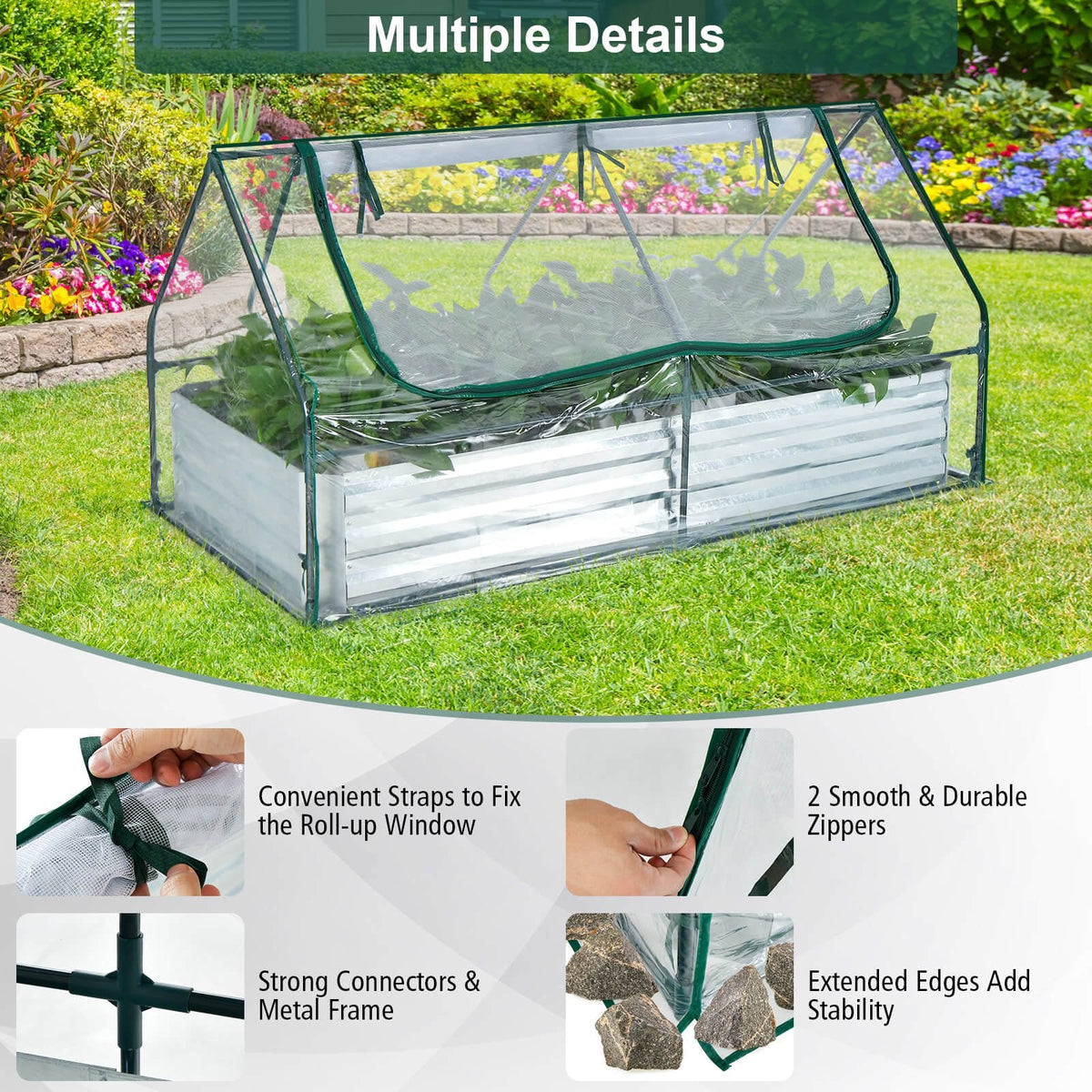 Jardinera elevada galvanizada de 6 x 3 x 3 pies con invernadero, color plateado
